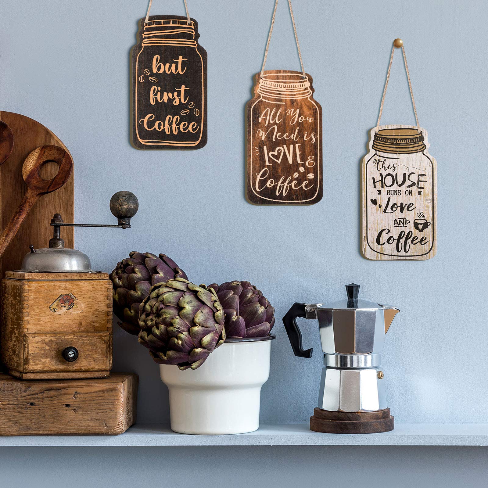 Jetec 4-Piece Farmhouse Wooden Coffee Bar Signs - Rustic Wall Hanging Plaques with 'But First Coffee' Quote - Perfect for Home, Office & Kitchen Decor | Ideal for Coffee Shops, Breakfast Nooks & Cozy Spaces
