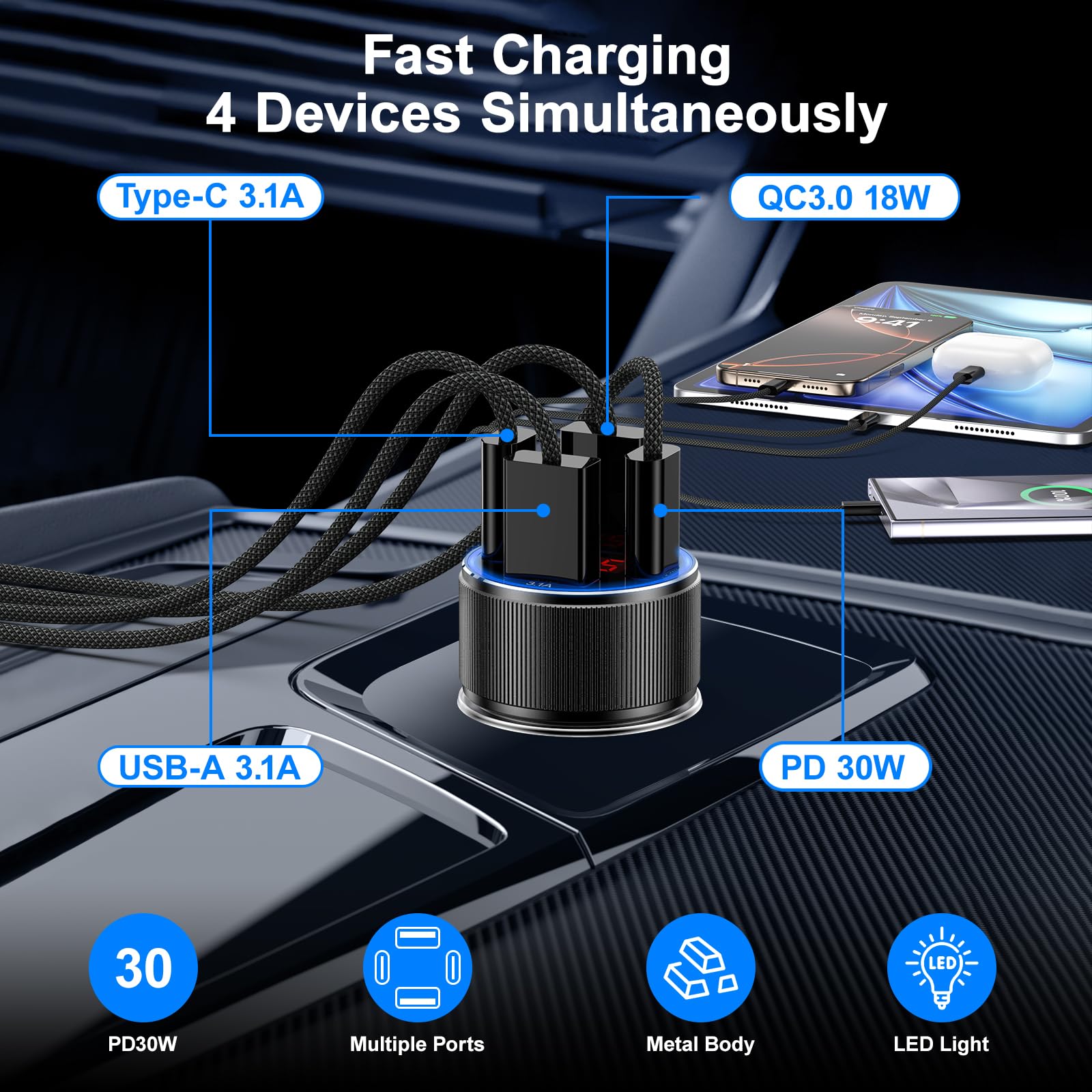 Besgoods 4-Port USB C Car Charger with Voltmeter - PD/QC 3.0 Fast Charging Adapter for iPhone 16/15/14/13/12, Galaxy S24/S23/A54/A15 & Android Devices - Perfect for Road Trips, Commuting & Dash Cams (2-Pack)