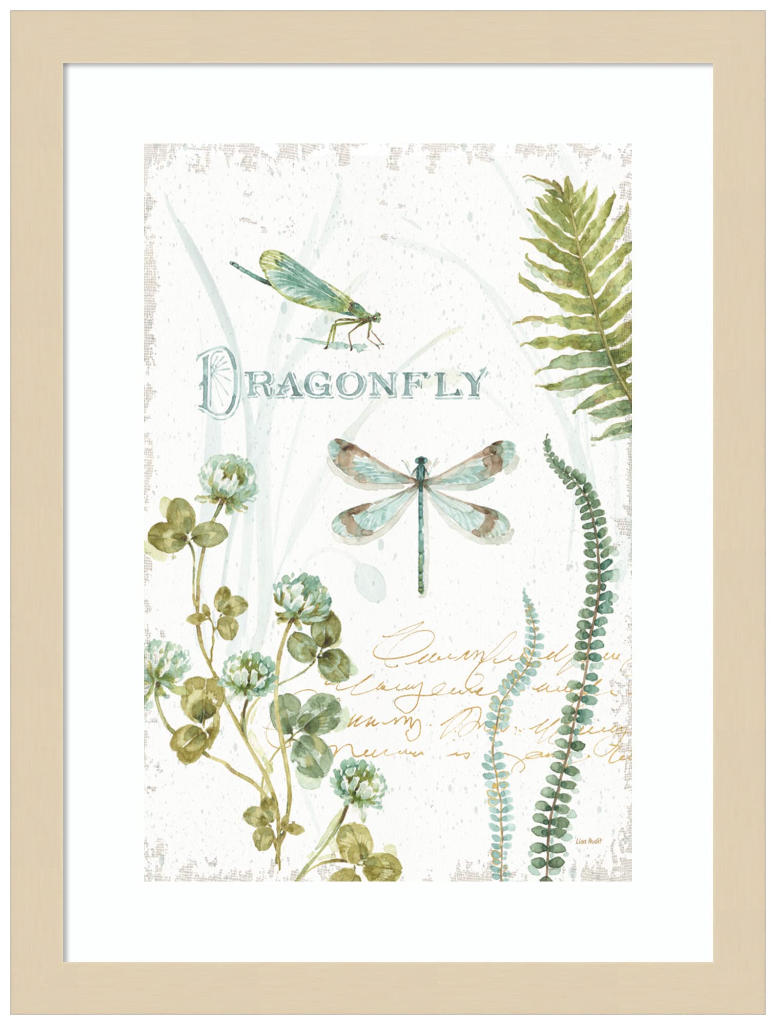 Lisa Audit My Greenhouse Botanical Dragonfly Wall Art Print - 13x17 Inches, Wood Framed in Svelte Natural - Perfect for Living Room, Bedroom & Office Decor