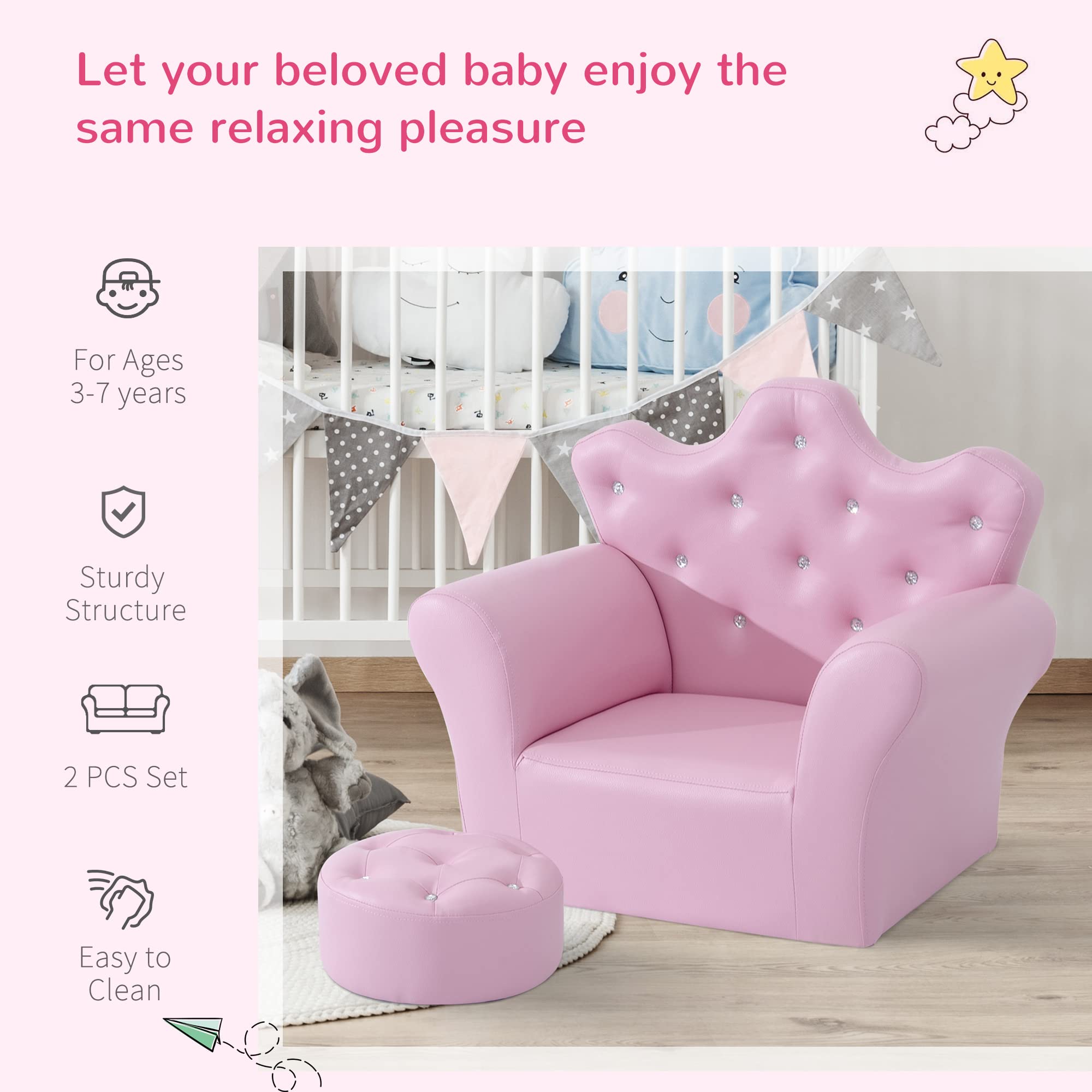 Qaba Kids Sofa Set - Pink Upholstered Princess Sofa with Footstool & Diamond Decorations, Toddler Chair for Girls & Boys, Perfect for Playroom, Bedroom & Nursery Decor