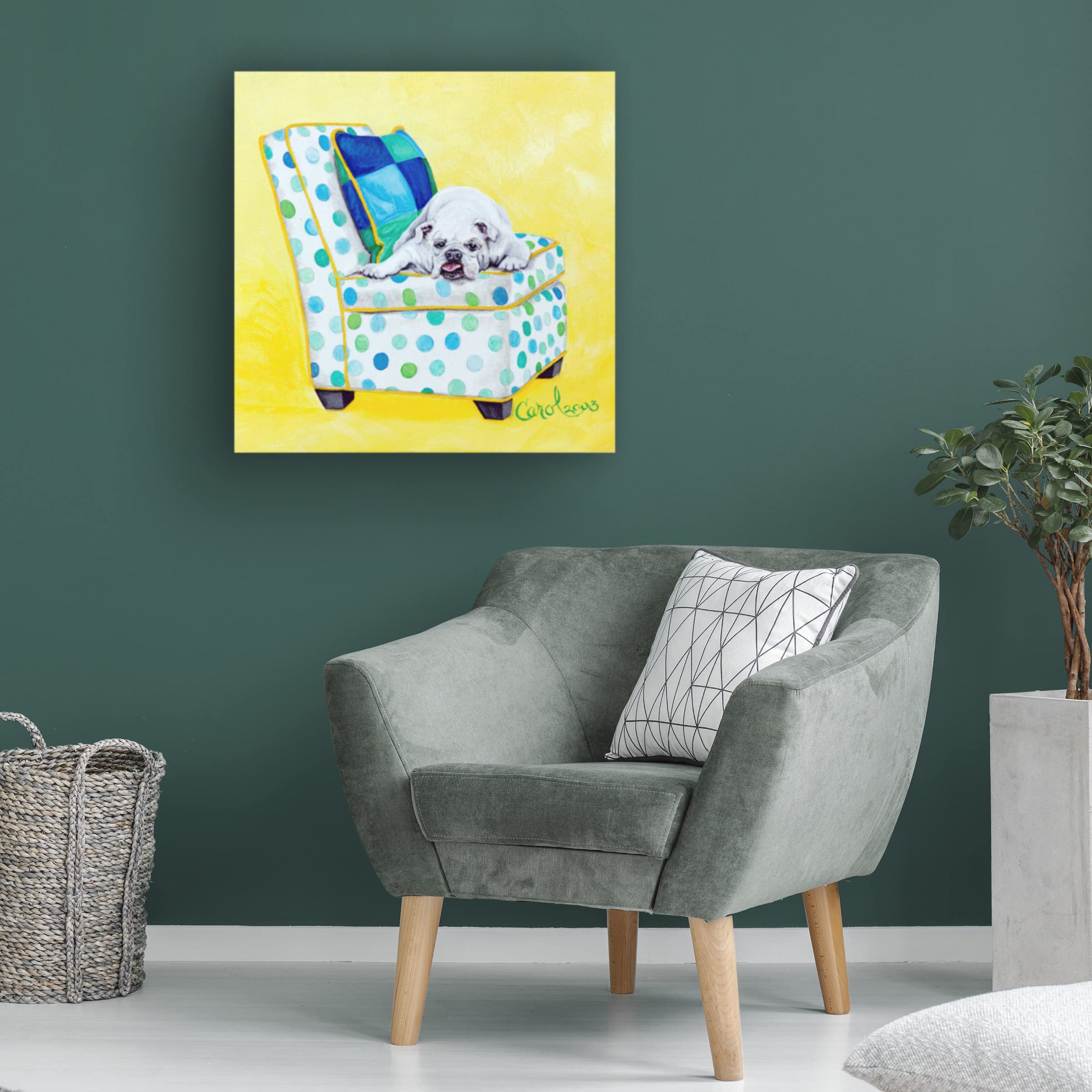 Trademark Fine Art 'Bulldog on Polka Dots' Canvas Wall Art by Carol Dillon - Modern Dog Painting for Living Room, Bedroom & Office Decor