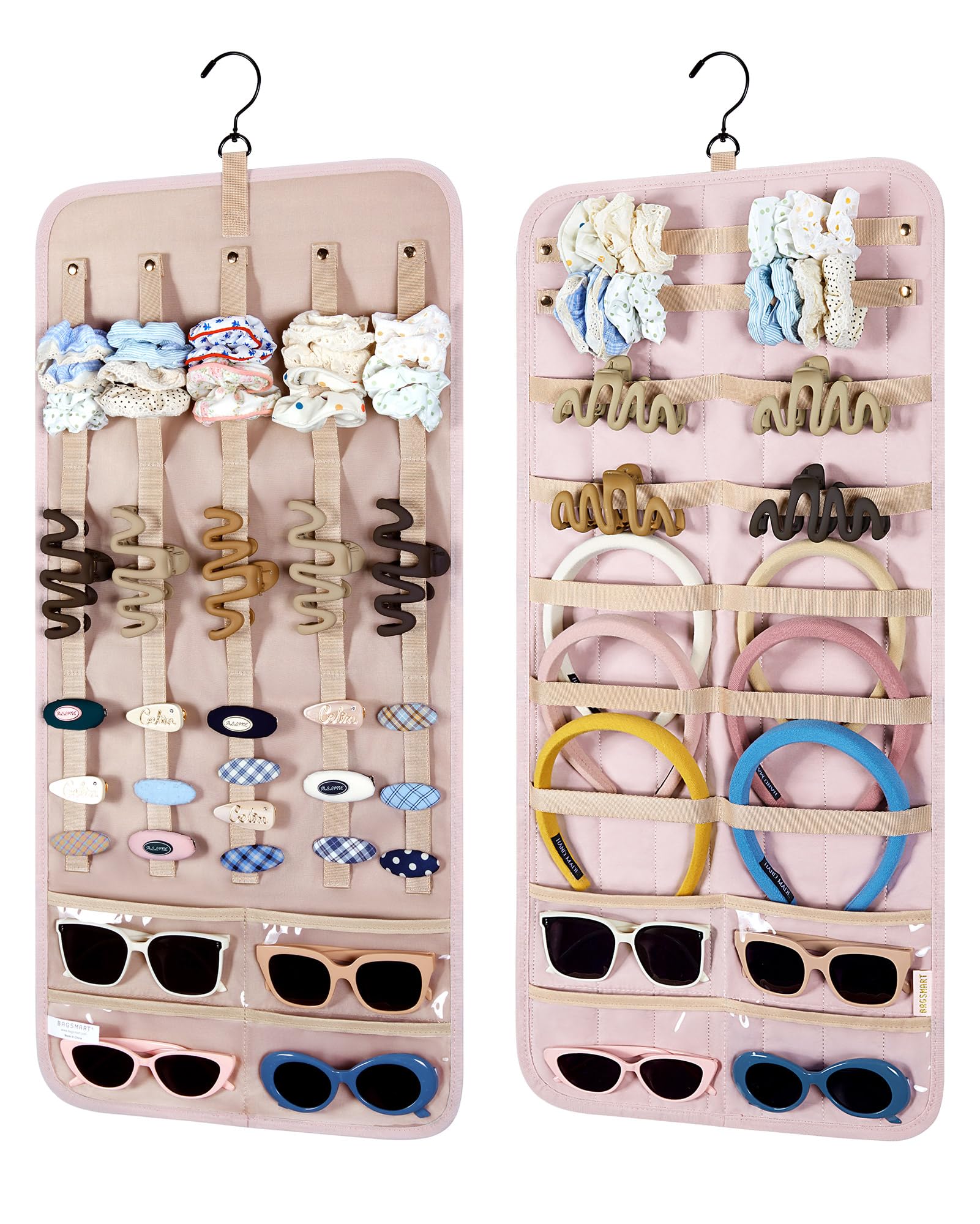 BAGSMART Double-Sided Hanging Jewelry Organizer - Claw Clip Holder for Headbands, Sunglasses, Hair Clips & Accessories - Space Saving Wall, Closet & Door Storage (Large, Baby Pink) - Perfect for Bedroom, Bathroom & Travel Organization