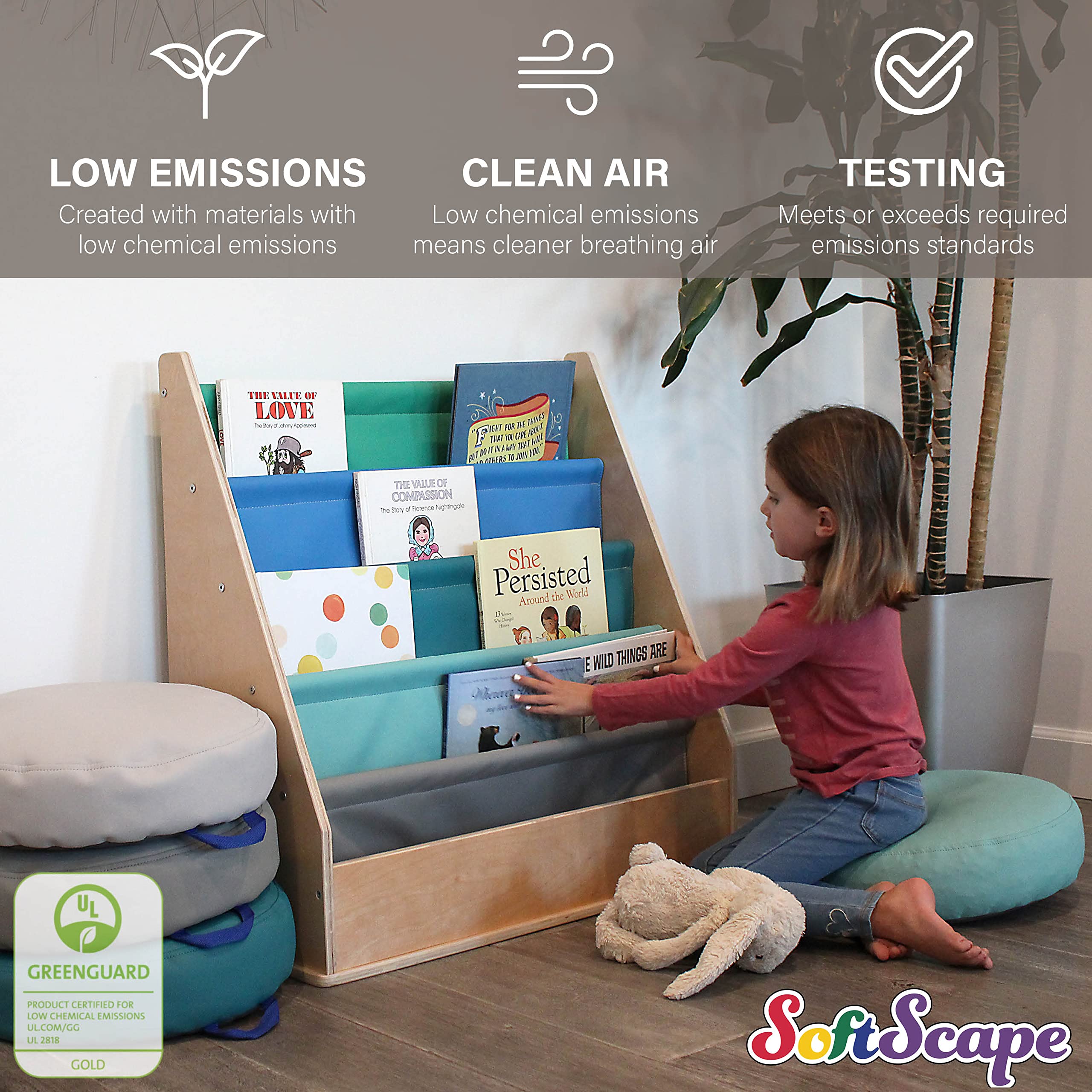 **Factory Direct Birch SoftScape Sling Book Display - 4-Shelf Vinyl Storage for Kids Books & Magazines - Navy/Powder Blue - Perfect for Bedroom, Playroom, Daycare, Preschool & Classroom Organization**    *(Use Case: Ideal for organizing children's books, magazines, and learning materials in home, school, or childcare settings.)*