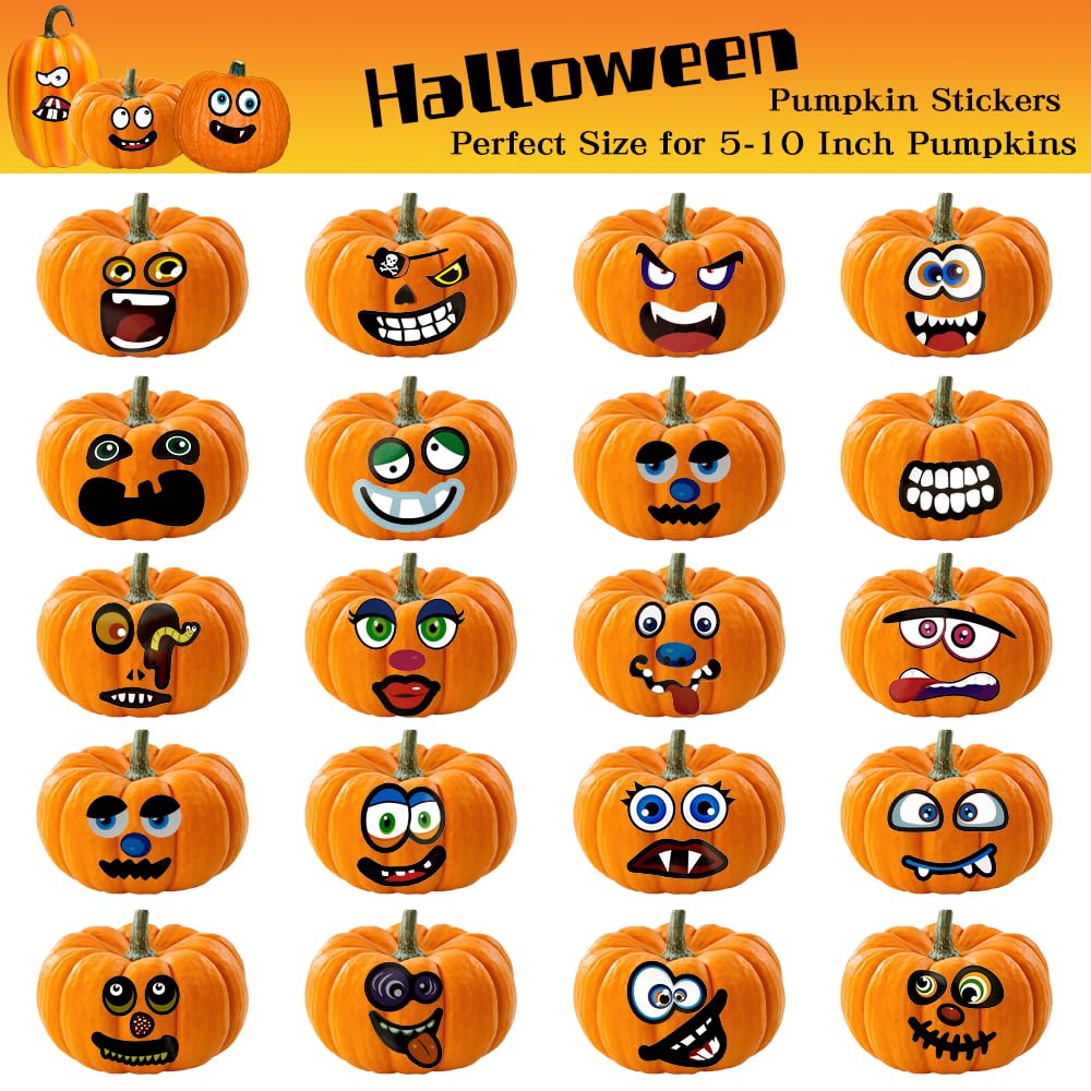 40PCS Halloween Pumpkin Face Stickers - 20 Sheets Small Pumpkin Decorating Stickers for Kids Crafts, Trick or Treat Party Favors, DIY Pumpkin Carving & Fall Festival Decorations