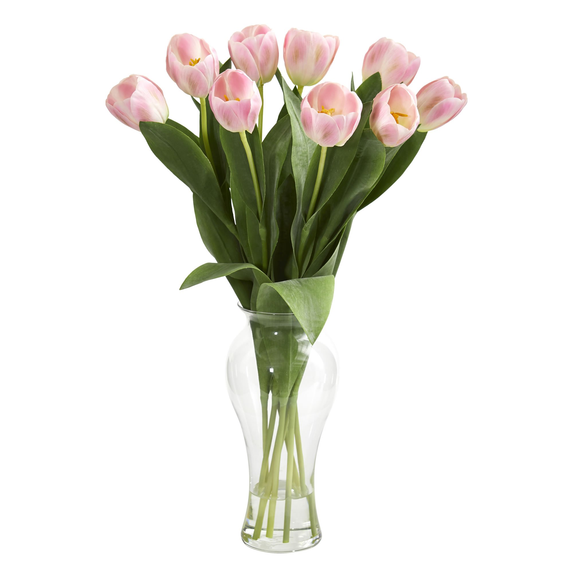 Nearly Natural Pink Tulip Artificial Flower Arrangement in Vase - Home Decor for Living Room, Office & Spring Table Centerpiece