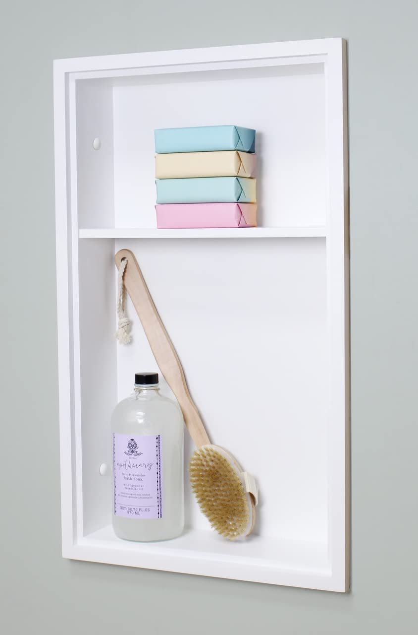 Fox Hollow Furnishings 14x24 Inch White Recessed Wall Niche Shelf - 2-Tier Storage Shelf for Bathroom, Living Room & Bedroom Organization - Decorative Wall Mounted Shelving Unit with Plain Back