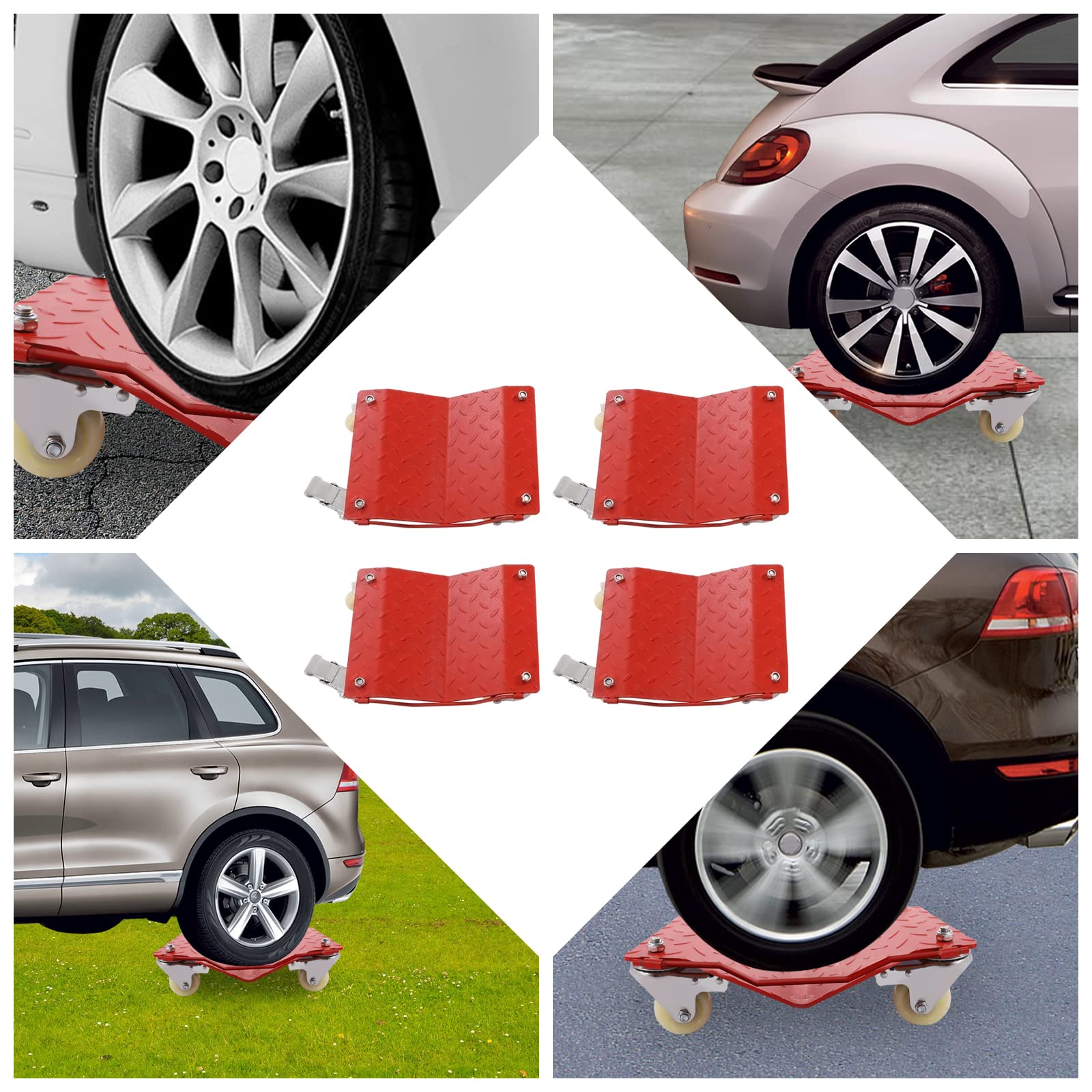 4-Piece Heavy Duty Wheel Dolly Set - 6800lb Capacity Vehicle Tire Dollies for Moving Cars, Boats, Tractors, Motorcycles & Furniture - Ideal for Garage Storage, Auto Shops & Home Moving Scenes