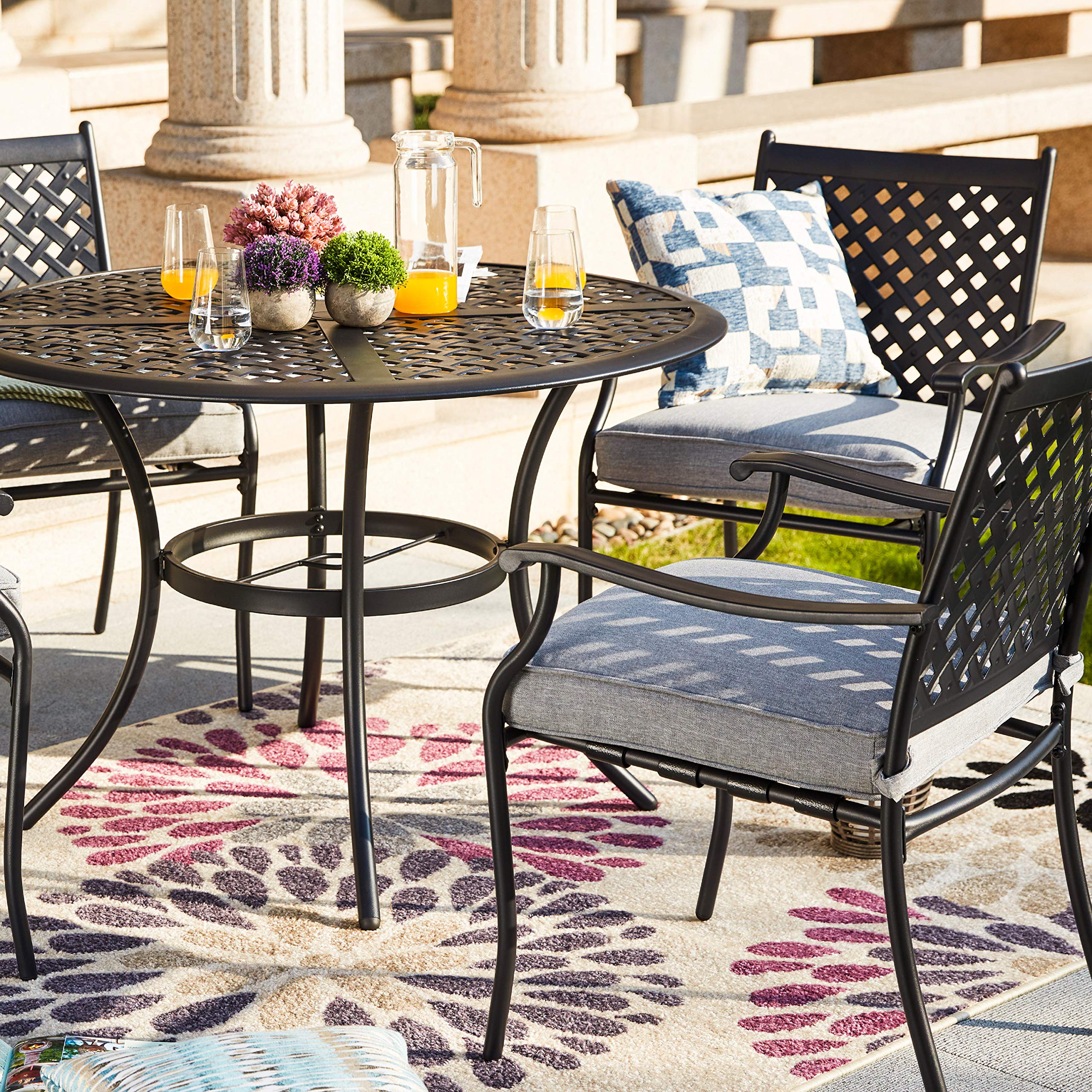 **PatioFestival 5-Piece Outdoor Dining Set with Cushions - Steel Table with Umbrella Hole & Armrest Chairs (Grey) - Perfect for Backyard, Garden, and Patio Entertaining**