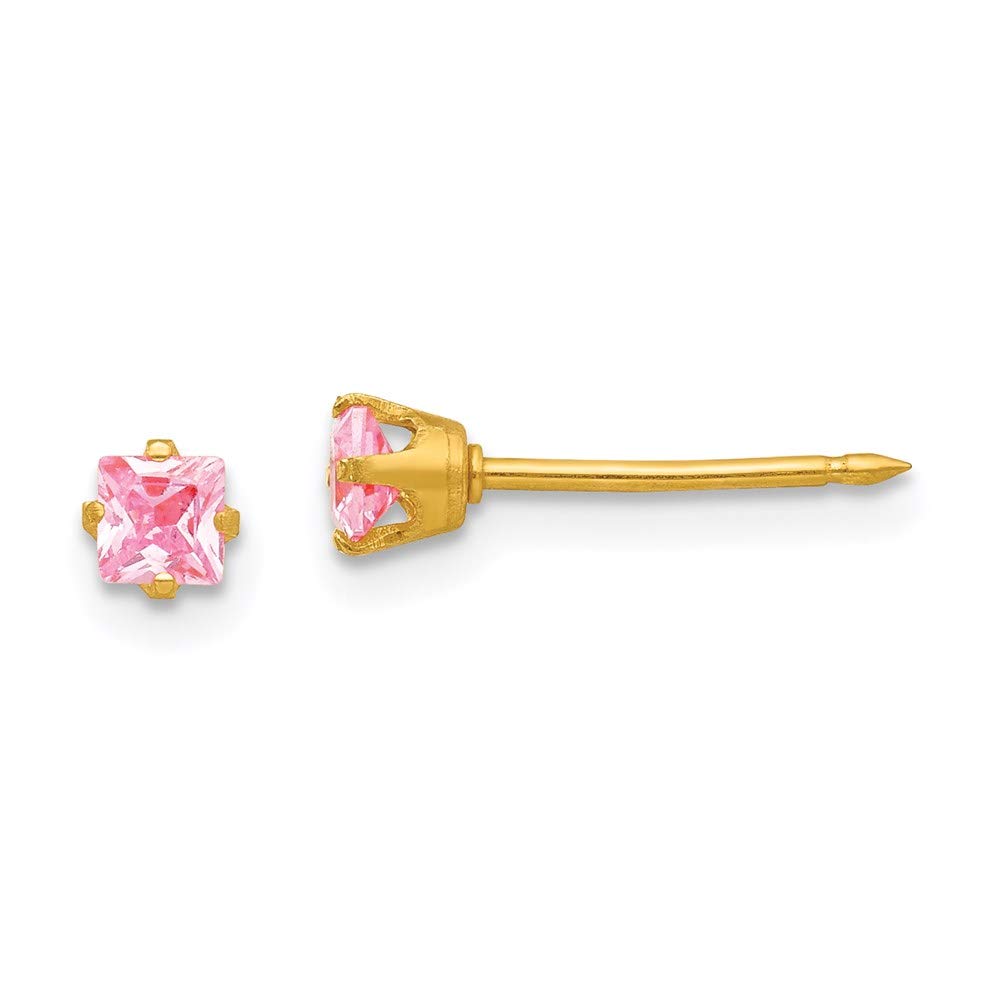 14K Yellow Gold 3mm Square Pink Cubic Zirconia Stud Earrings for Women - Elegant Fine Jewelry Gift for Her - Perfect for Weddings, Parties & Special Occasions