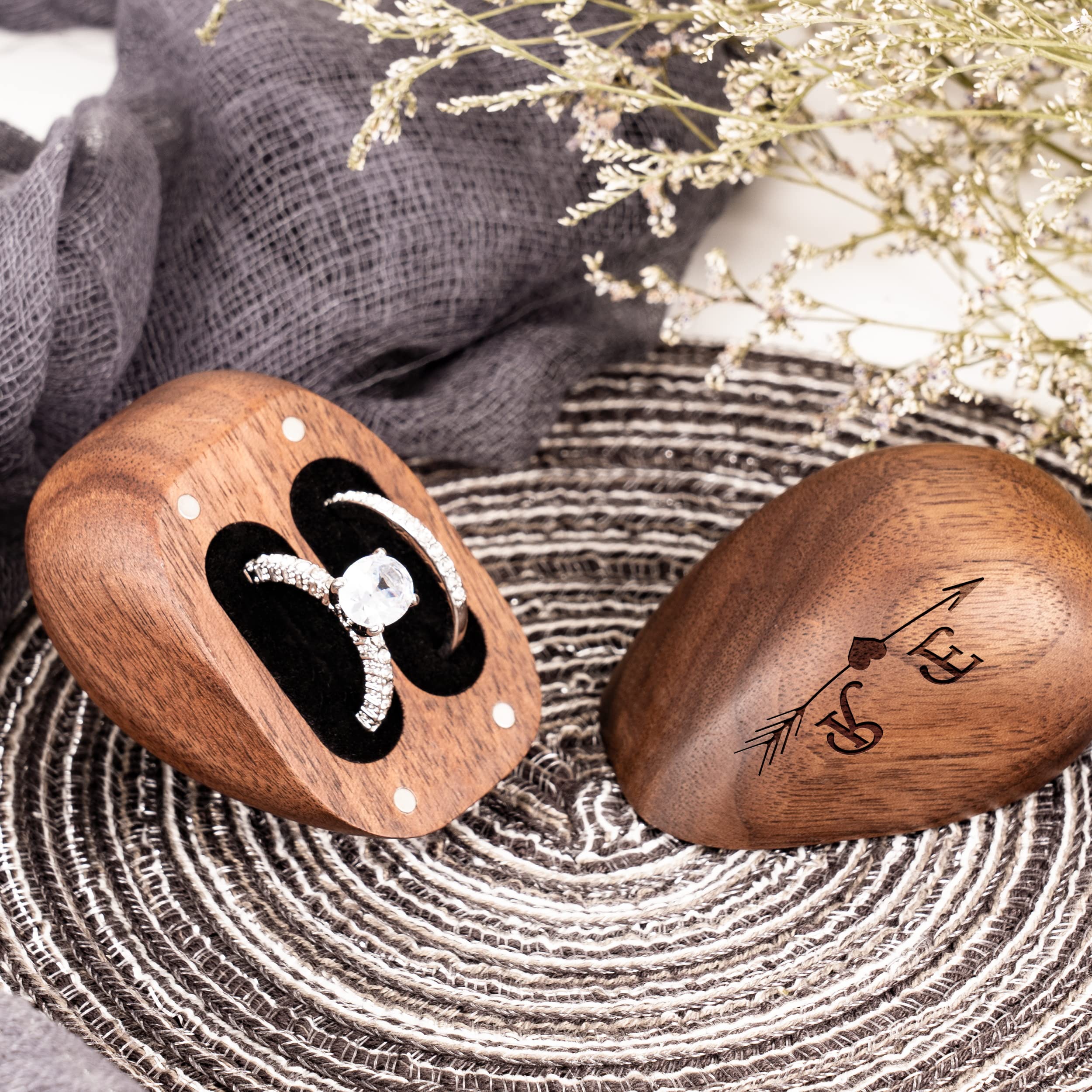 Personalized Wooden Heart Jewelry Box with Magnetic Closure - Engraved Double Ring Holder for Proposal, Wedding & Engagement - Romantic Gift for Women, Brides & Couples - Perfect for Anniversaries, Valentine's Day & Special Occasions