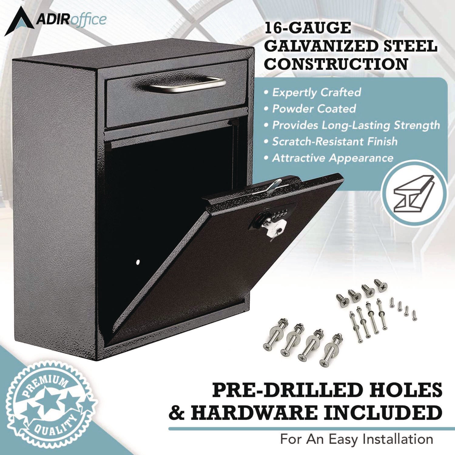 AdirOffice Medium Secure Drop Box - Wall Mounted Locking Mailbox with Key & Combination Lock (10.51 x 4.72 x 12 Inches, Black) - Perfect for Home, Office & Apartment Mail Security