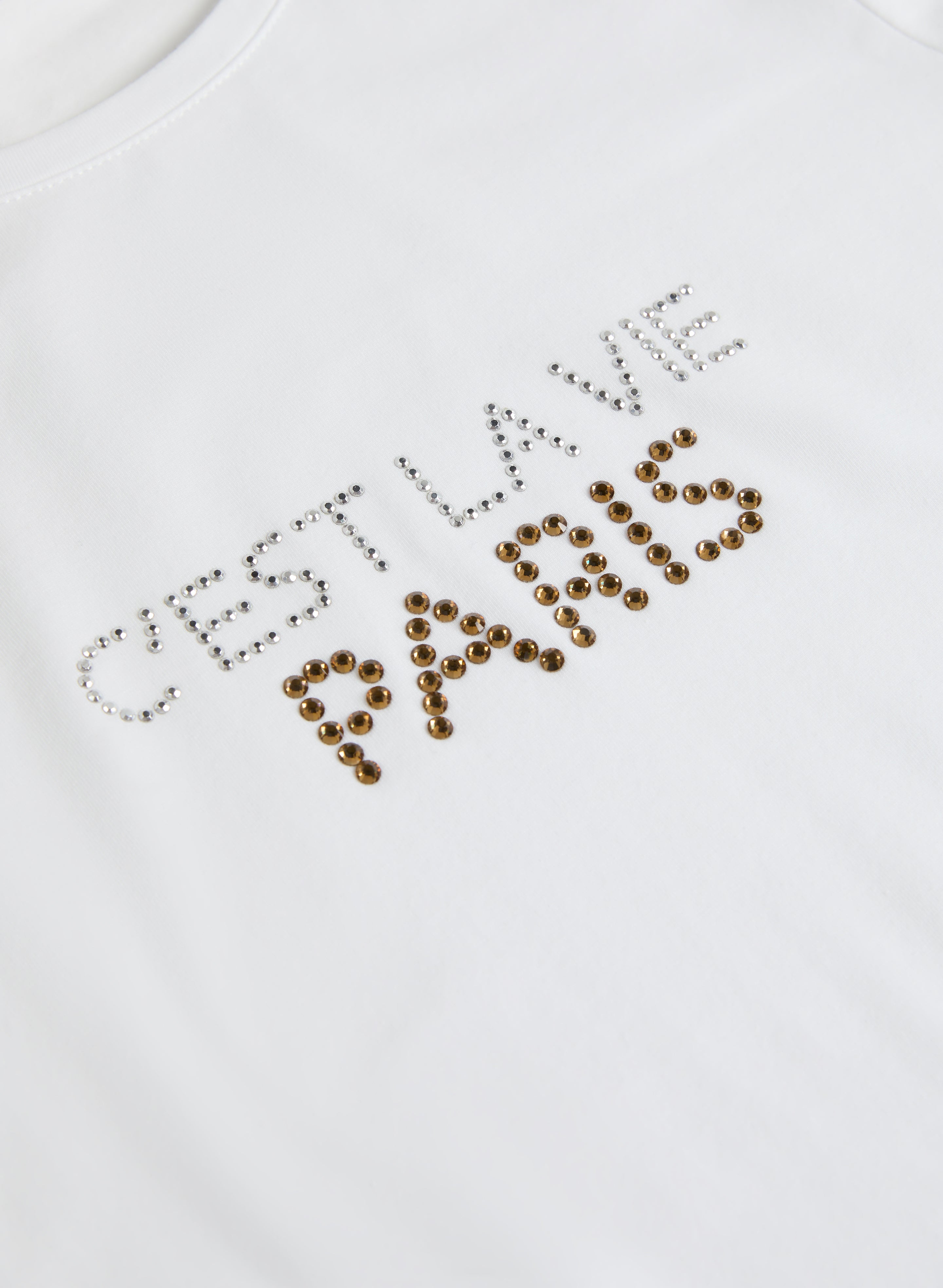 Trendy Embellished Slogan T-Shirt for Women - Fashion Graphic Tee with Rhinestone & Lettering - Perfect for Casual Outfits, Parties & Streetwear Looks