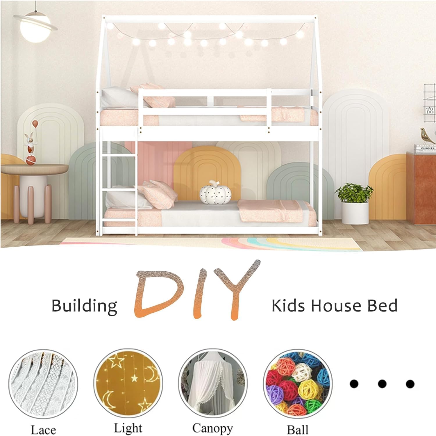 Bellemave Twin Over Twin Kids Bunk Bed with Ladder & Guardrails - Solid Wood Low Profile Floor Bunk Bed for Boys & Girls - Space Saving Twin Size Bunk Bed for Small Rooms, Dorms, or Shared Kids Bedrooms - White