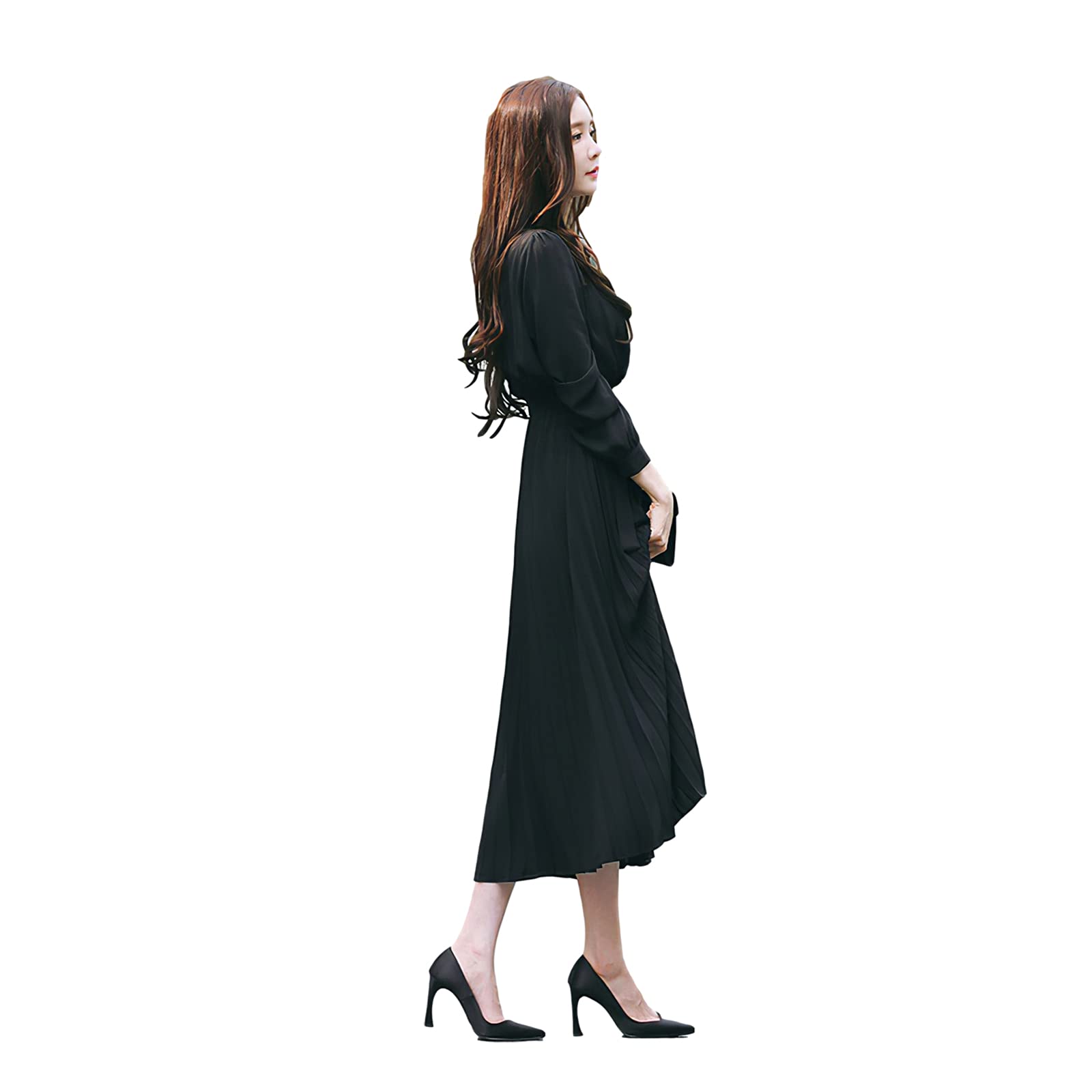 Women's Pleated Long Sleeve Loose Maxi Dress with Tie Waist - Casual Flowy Dress for Spring Summer, Beach, Vacation & Everyday Wear