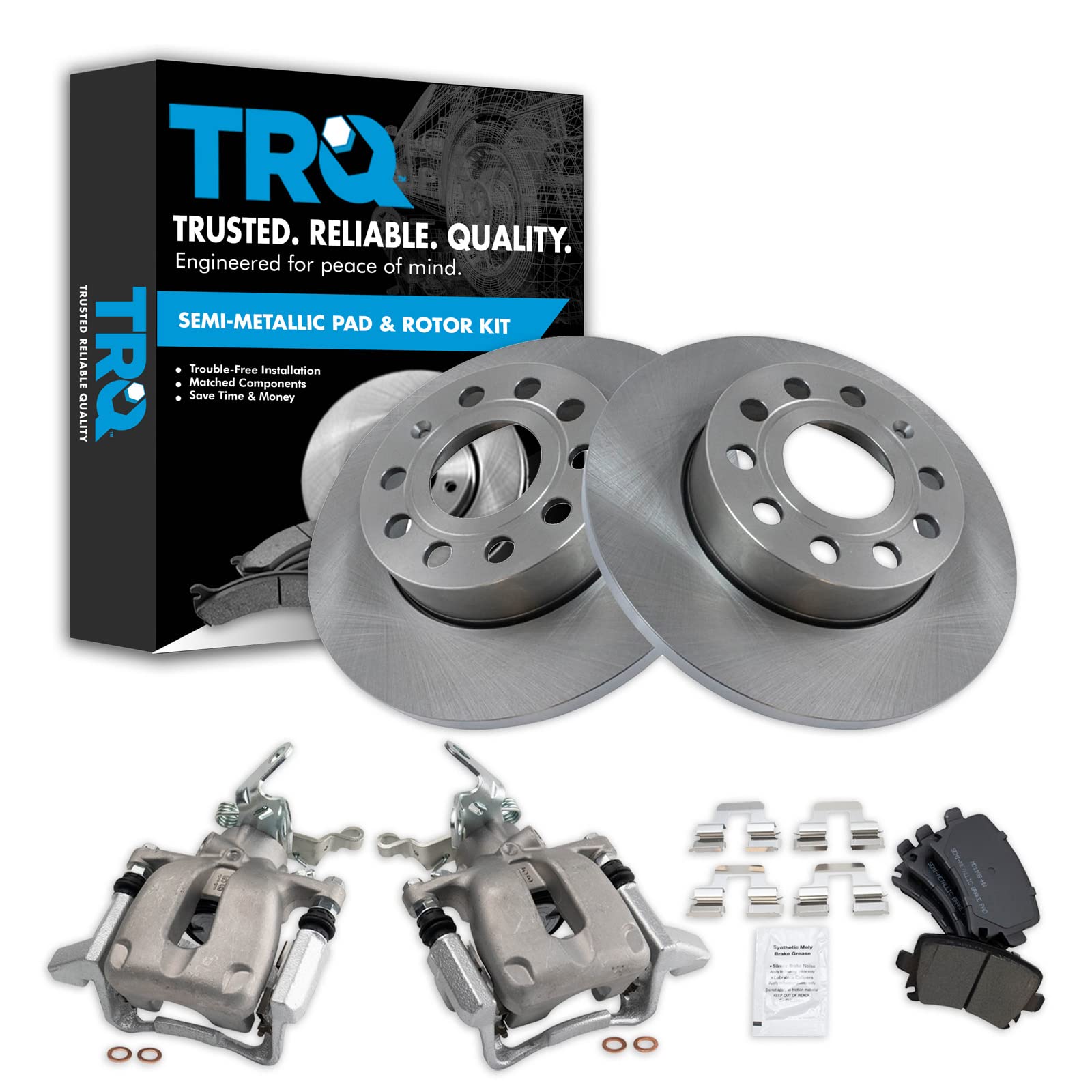 TRQ Rear Brake Pad and Rotor Kit - Semi-Metallic Brake Pads & Solid Rotors - Compatible with 2010 Volkswagen Golf, 2005-2010 Jetta, 2006-2009 Rabbit - Perfect for Smooth Braking and Vehicle Maintenance