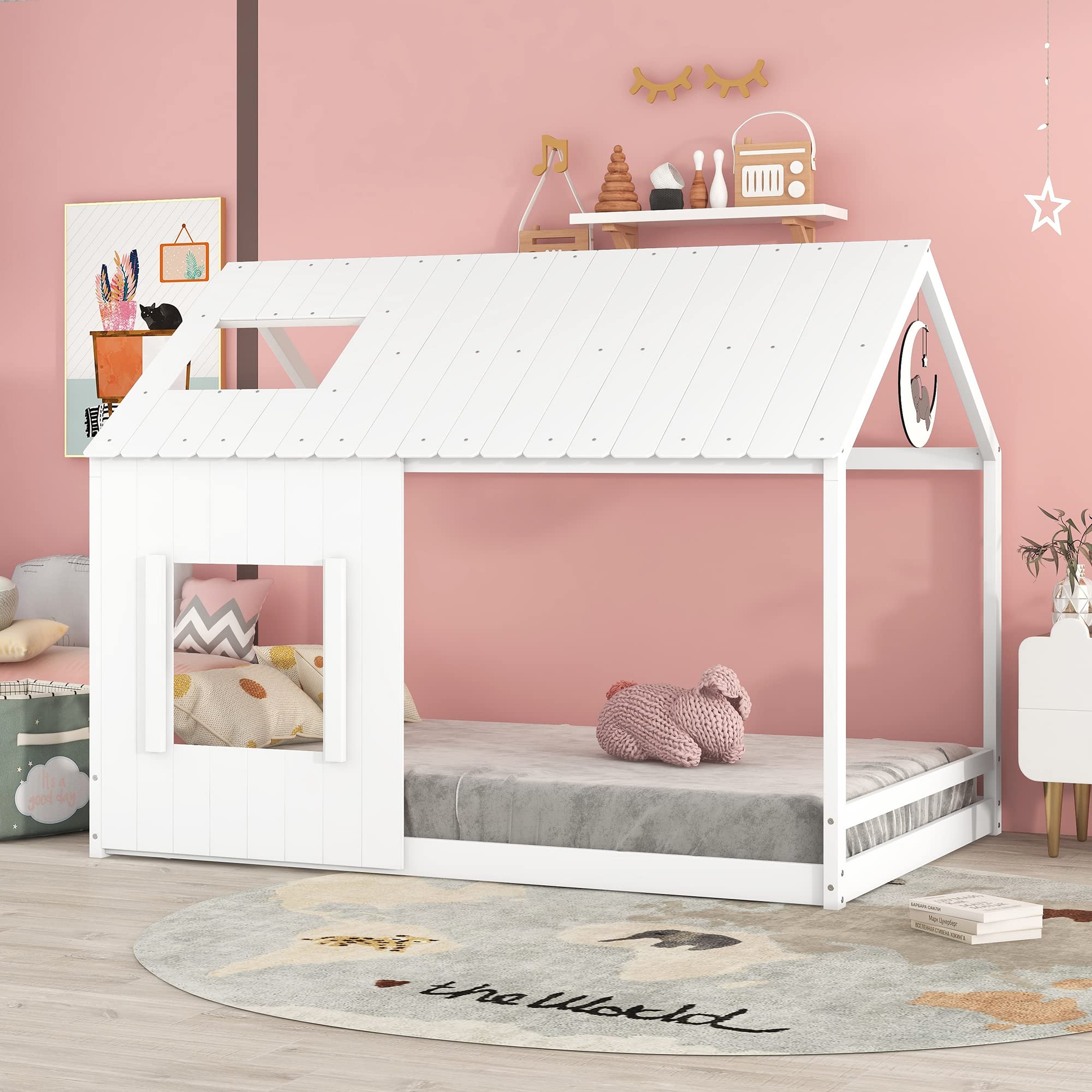 Montessori Floor Bed for Kids - Full Size Wooden Playhouse Bed with Roof & Window - No Box Spring Needed - Toddler Bed for Girls & Boys - White - Perfect for Bedroom, Playroom & Montessori Learning Spaces