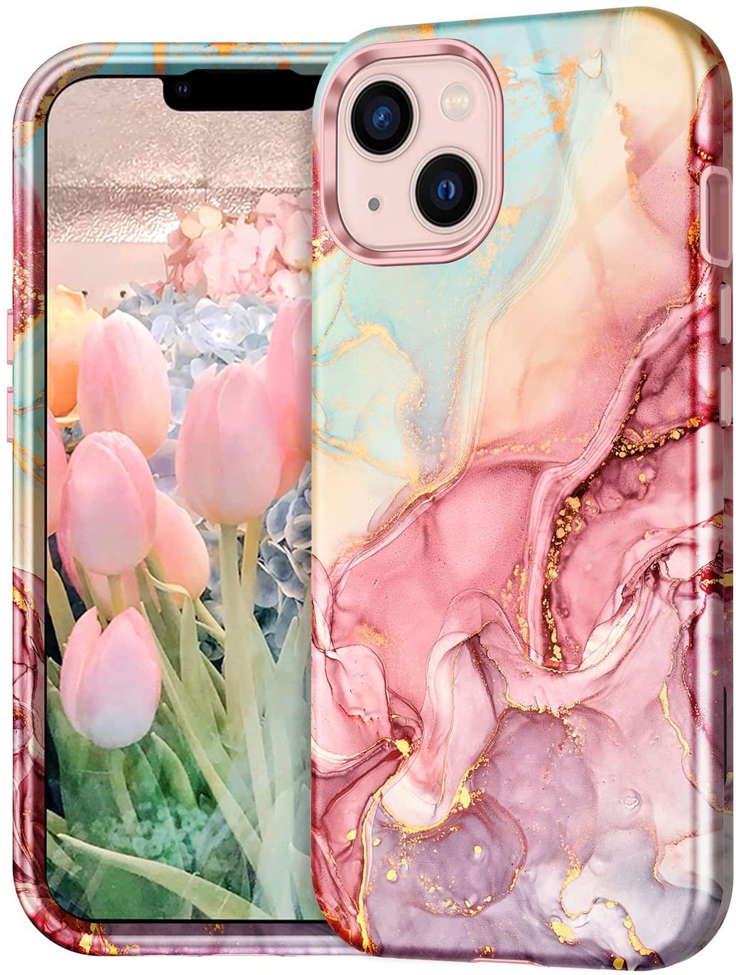 Premium iPhone 13 Marble Pattern 3-in-1 Heavy Duty Shockproof Full Body Case - Protective Cover for Work, Travel & Outdoor Activities