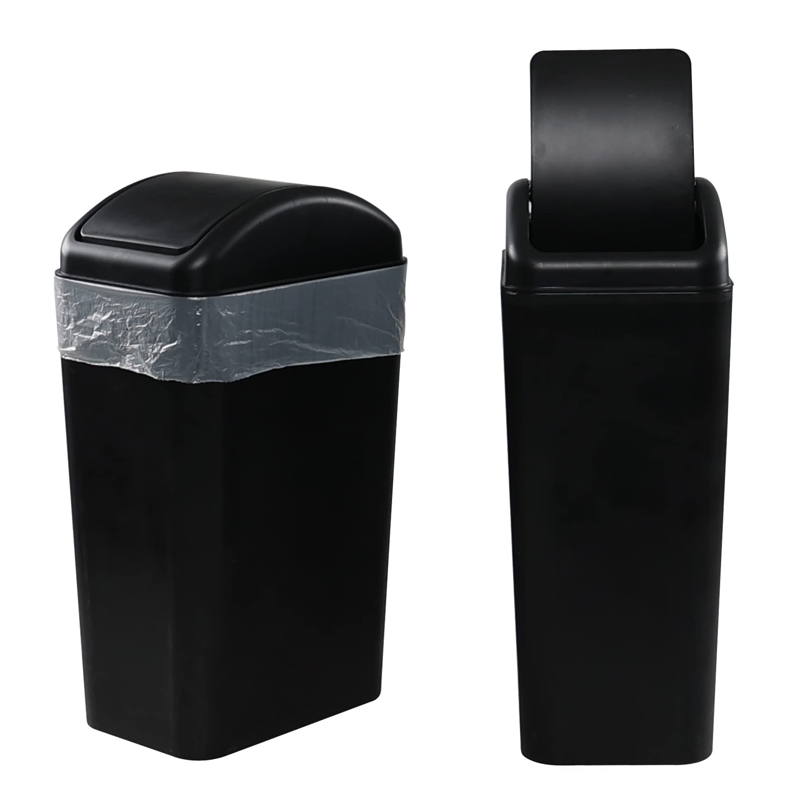 Saedy 12L Plastic Trash Can with Swing Lid - 2 Pack Small Garbage Bin for Bathroom, Kitchen, Office & Bedroom - Odor-Proof & Space-Saving Design (Black)