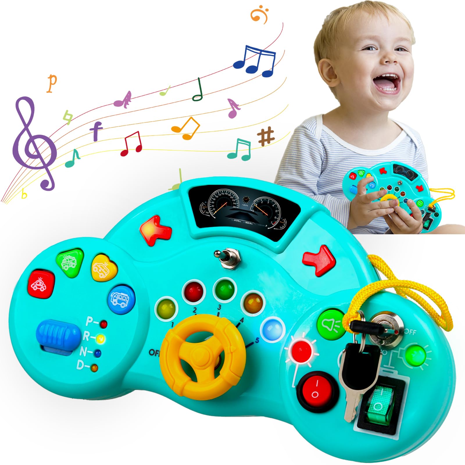 Montessori Busy Board for Toddlers 2-4 Years - LED Musical Light Switch Sensory Toy for 1-3 Year Old Boys & Girls - Preschool Educational Travel Activity Toy - Perfect Birthday Gift for Kids (Blue) | Great for Airplane Travel, Car Rides & Home Learning Play
