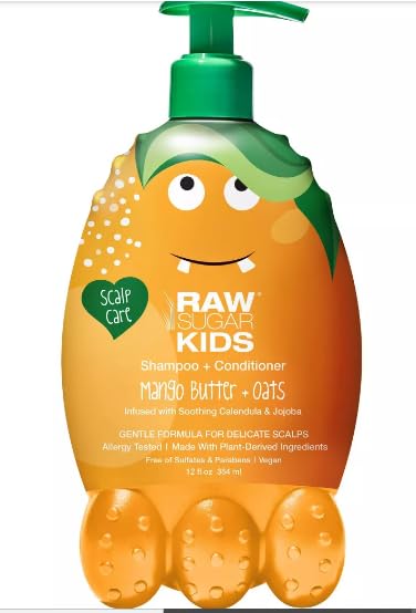 Raw Sugar Kids Bundle: 2-in-1 Mango Butter & Oats Shampoo Conditioner + Pineapple Orange Bubble Bath Body Wash (12 oz Each) with Loofah - Gentle Natural Hair & Skin Care for Toddlers & Children - Perfect for Bath Time & Daily Hygiene Routine