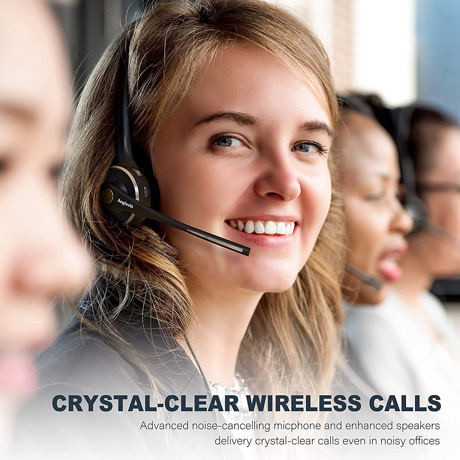 Angteela Wireless Bluetooth Headset with Noise Canceling Mic - Trucker Headphones for Home Office, Call Center & Skype Calls | Includes Charging Base & Mute Function | Perfect for Remote Work, Online Meetings & Customer Service