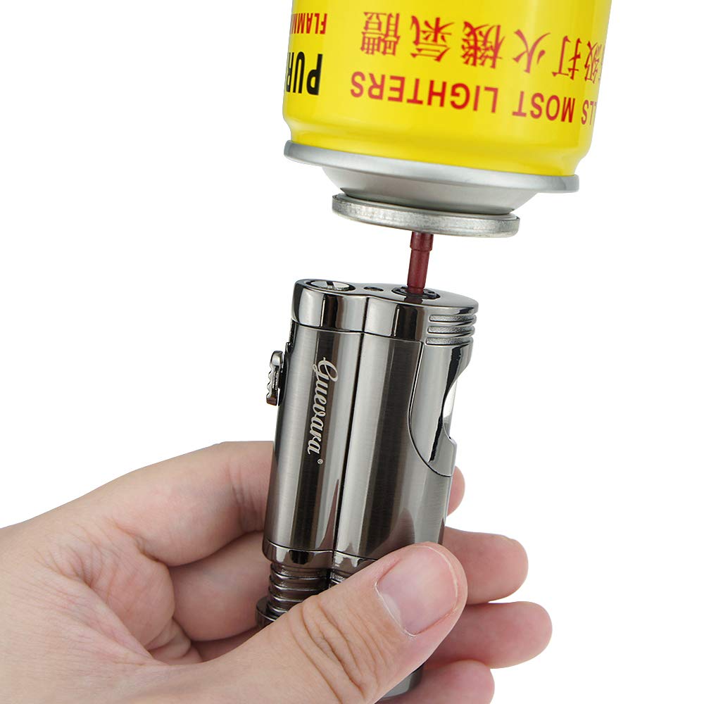 GUEVARA Windproof Butane Torch Lighter - Dual Jet Flame, Refillable, Punch Design (Grey) - Perfect for Cigars, Camping, Cooking & Outdoor Use