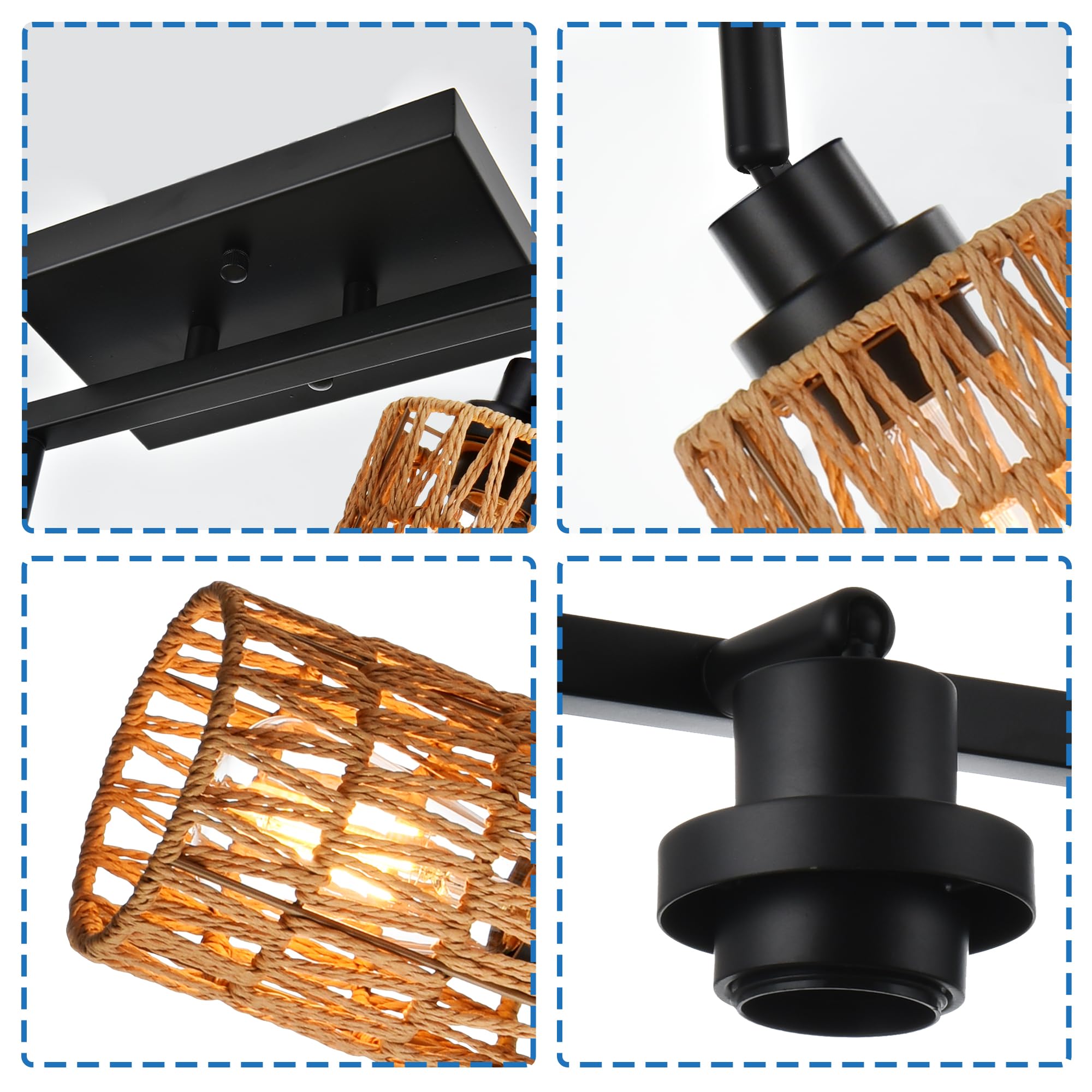 MELUCEE 5-Light Black Track Ceiling Light Fixture with Rattan Shade - Farmhouse Vanity Lighting for Bathroom, Hallway, Porch & Foyer - Adjustable Rotatable Spotlight Heads for Perfect Ambience