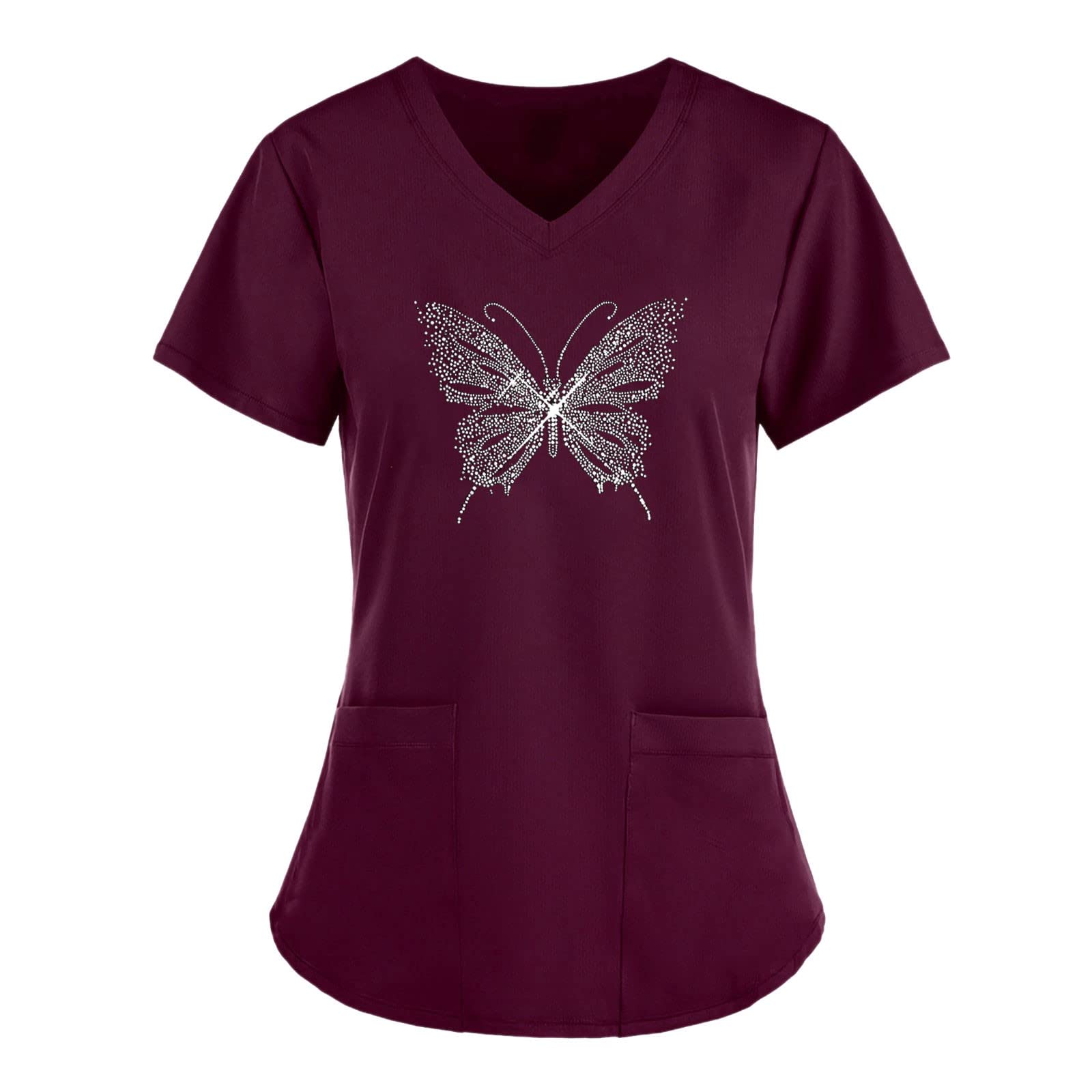 Women's V-Neck Short Sleeve Rhinestone Butterfly Pocket Scrub Top - Wrinkle-Resistant Medical Uniform Shirt for Nurses & Healthcare Professionals | Perfect for Hospital Shifts, Clinics & Nursing School