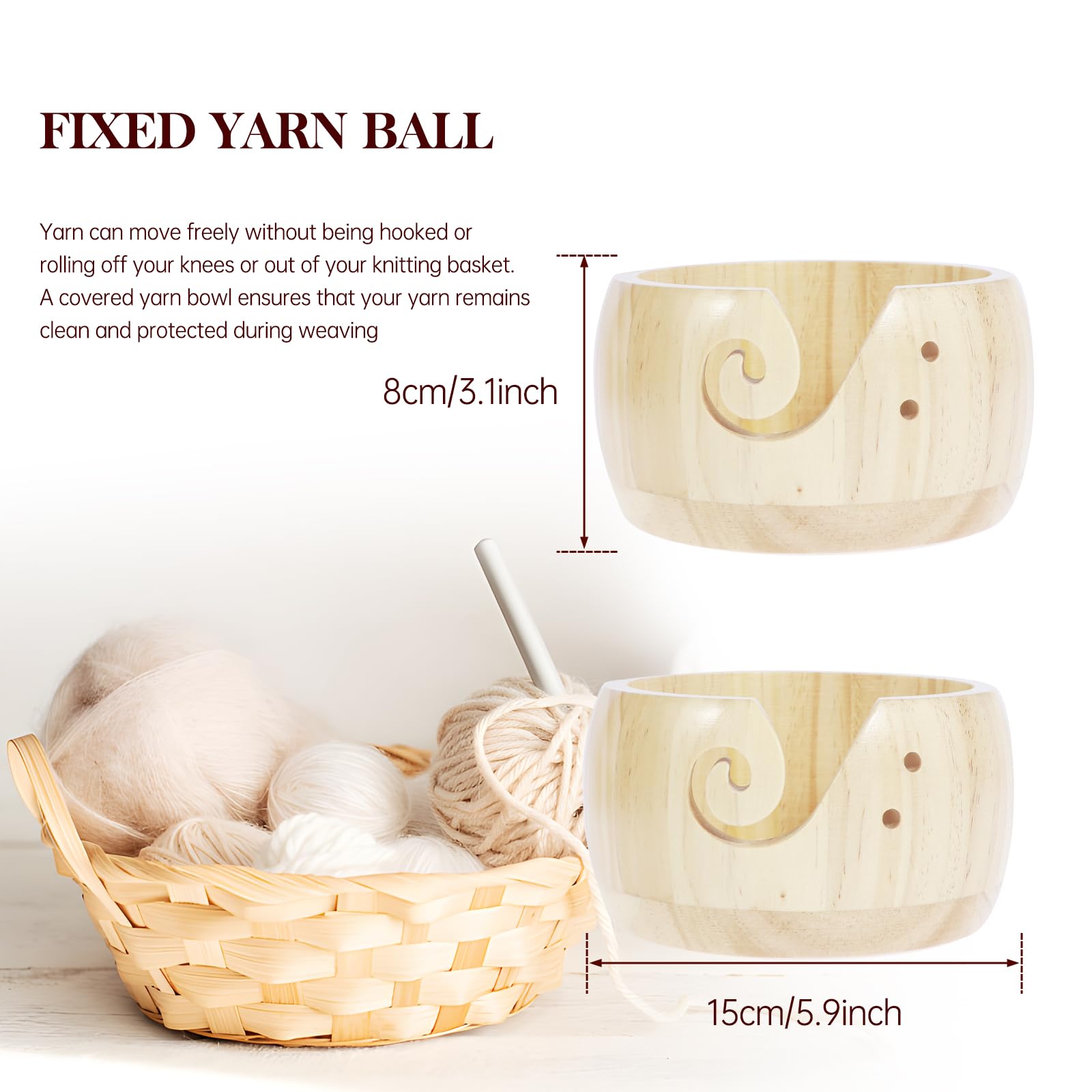 Premium Wooden Yarn Bowl for Knitting & Crocheting - Natural Pine Yarn Holder with Carved Holes, 5.9