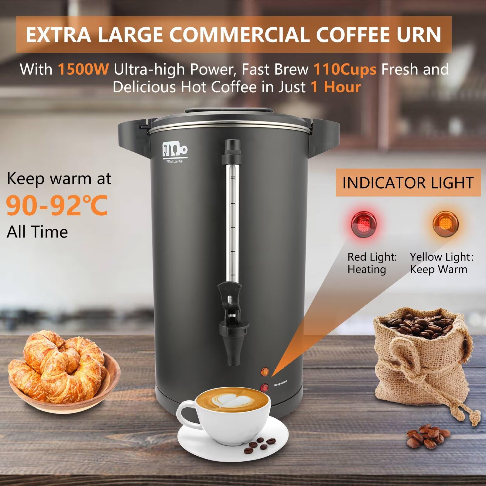110-Cup 20L Commercial Coffee Urn - 1500W Stainless Steel Large Coffee Maker with Double Dripless Faucet, Fast Brewing for Catering, Events & Offices - Festa Essential Black Hot Water Dispenser