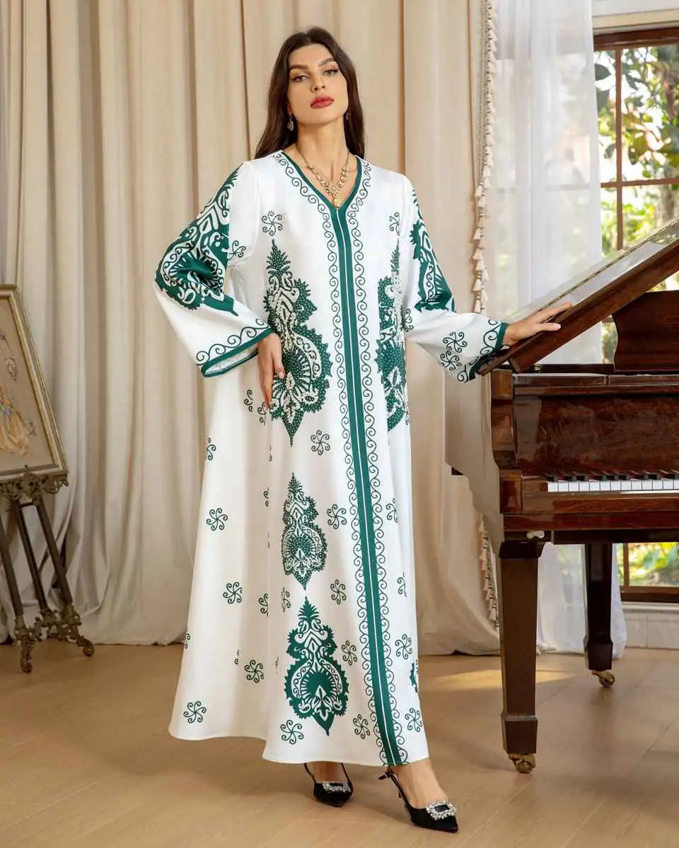 Elegant Muslim Women's Caftan Dress with Beads & Rhinestones for Eid Celebration - Perfect for Holiday Parties, Wedding Guest Outfits & Special Occasions