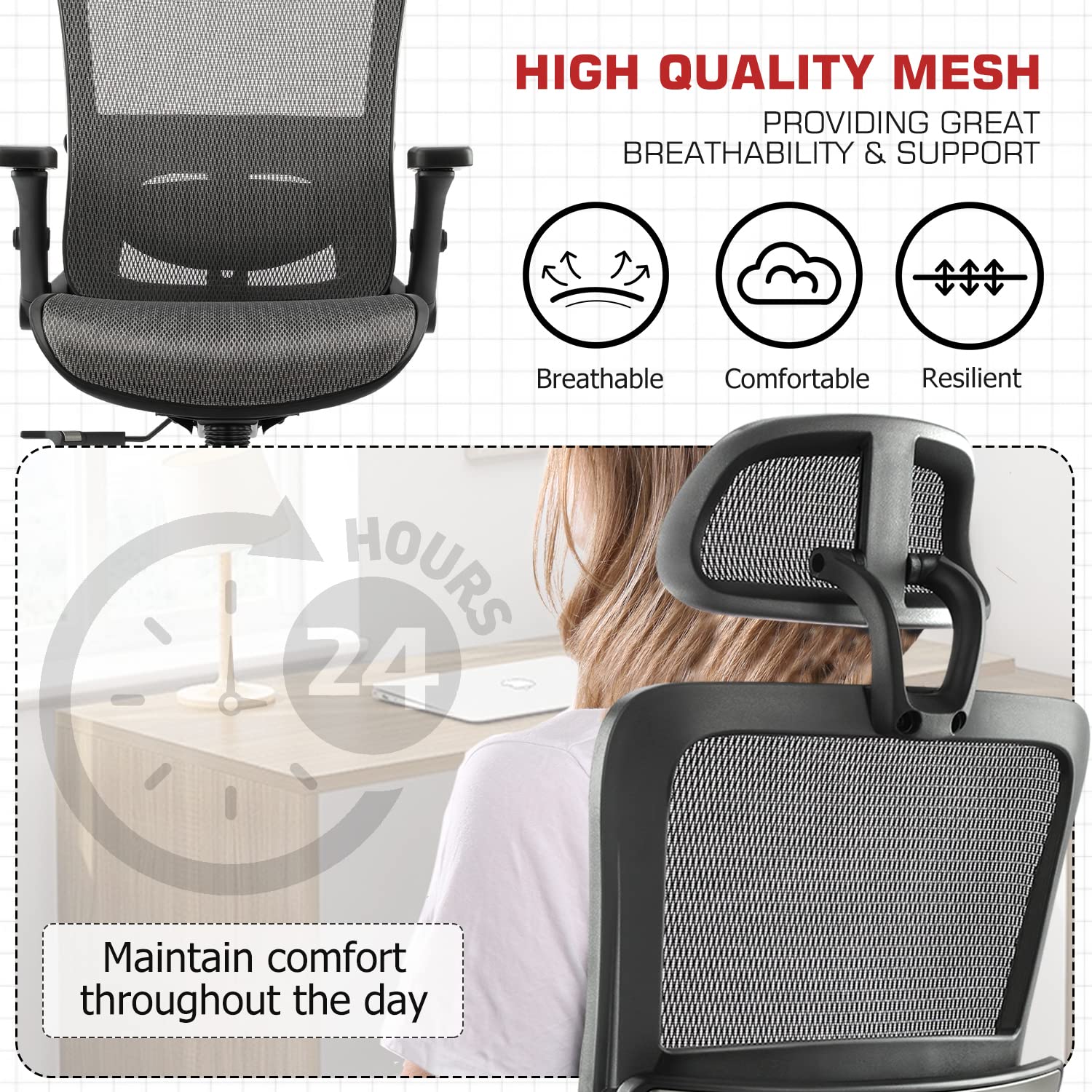 Ergonomic Mesh Office Chair with High Back, 3D Adjustable Armrests, Lumbar Support & Headrest - Grey - Perfect for Home Office, Gaming & Computer Workstations
