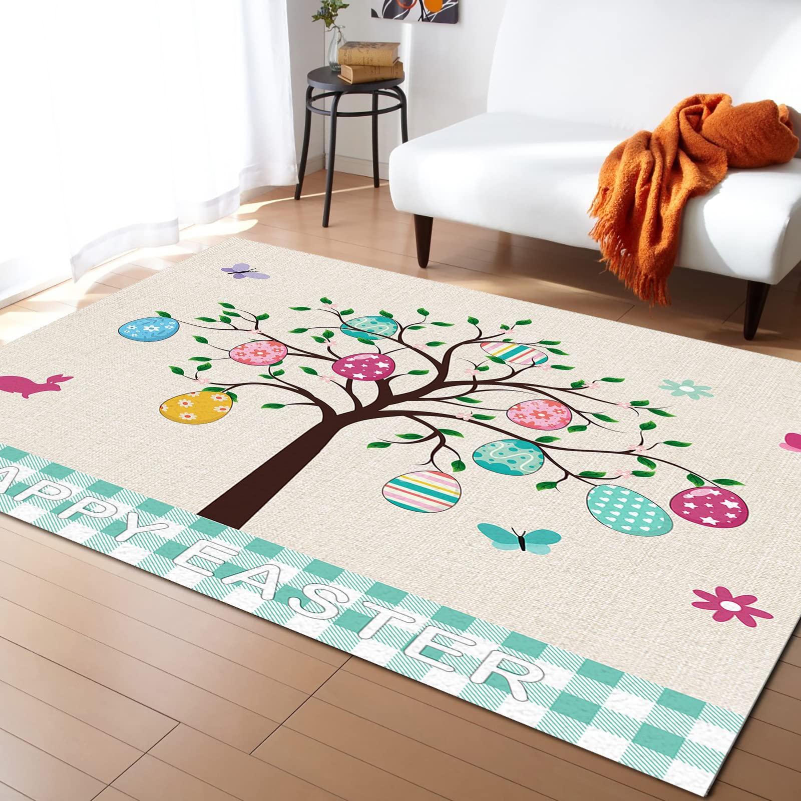 4' x 6' Non-Slip Rectangular Area Rug with Rubber Backing - Spring Easter Themed Colorful Eggs Tree Green White Plaid Design for Living Room, Bedroom & Kitchen | Perfect for Home Decor, Holiday Celebrations and Cozy Floor Comfort