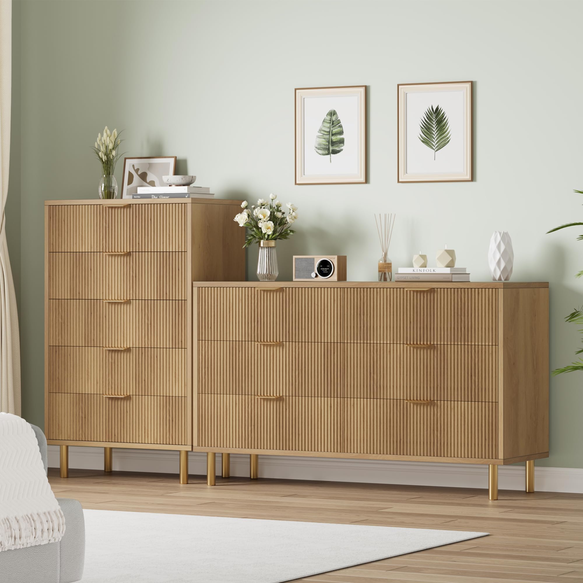 Modern 6-Drawer Wood Dresser with Gold Handles - Natural Finish Double Chest Storage Organizer for Bedroom, Living Room, Hallway & Entryway - Perfect for Home Organization and Stylish Decor