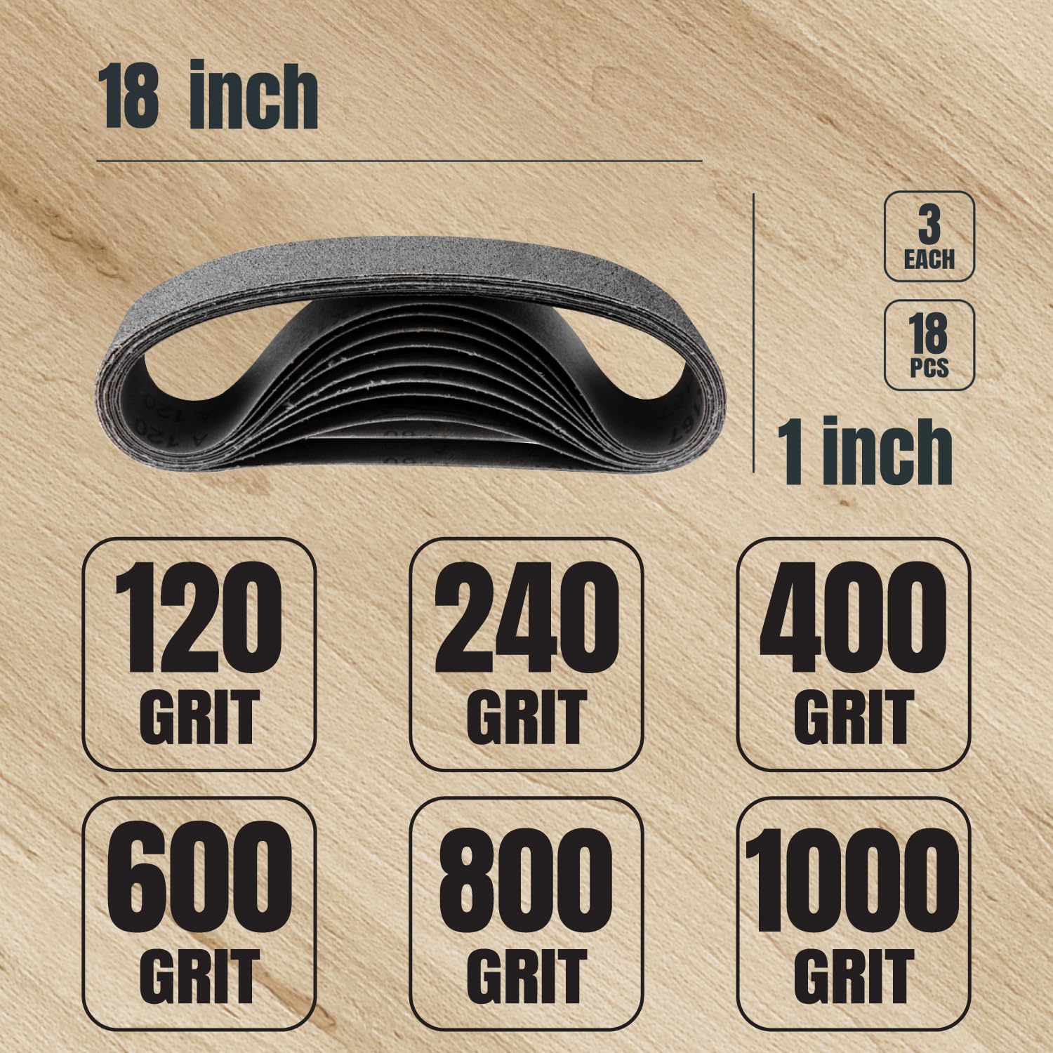POWERTEC 46003 18-Inch Sanding Belts Kit - 18PK Assorted Grits (120/240/400/600/800/1000) Silicon Carbide Knife Sharpening Belts for Work Sharp WSSAKO81112 Blade Grinder - Perfect for Woodworking, Metal Polishing & Knife Sharpening