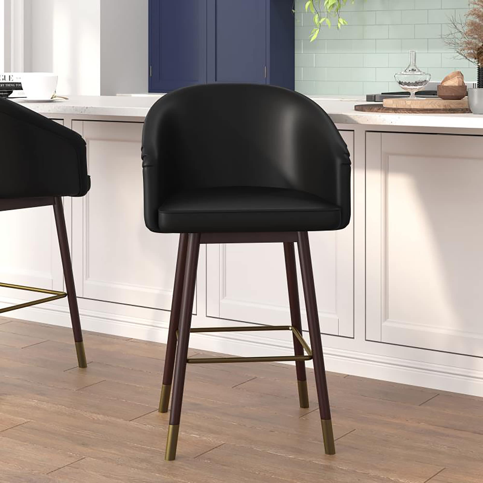 Flash Furniture Margo Commercial Grade Mid-Back Counter Stools - Set of 2 Black LeatherSoft Upholstered Bar Stools with Walnut Finish Beechwood Legs & Bronze Accents - 26
