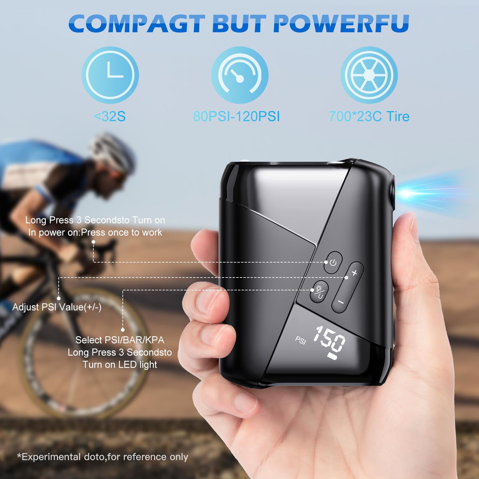 Portable Electric Bike Pump 150PSI with Pressure Gauge - Rechargeable USB-C Mini Bike Pump for Mountain, Road & City Bikes - Perfect for On-the-Go Cycling & Emergency Tire Inflation