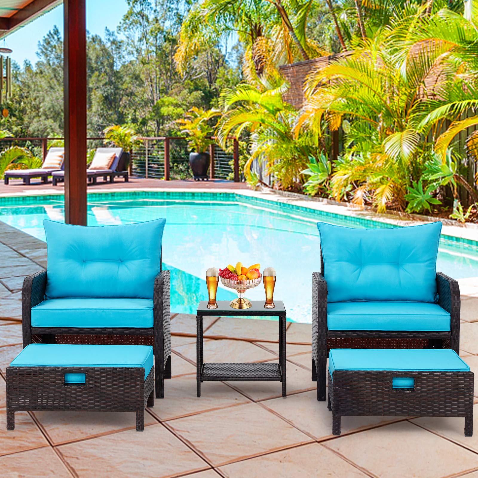 AVAWING 5-Piece Outdoor Patio Furniture Set - Rattan Wicker Chairs with Tempered Glass Coffee Table, Ottomans & Soft Cushions - Weather-Resistant Garden, Porch, Deck, Balcony Conversation Set (Blue) - Perfect for Backyard Relaxation, Poolside Lounging & Outdoor Entertaining