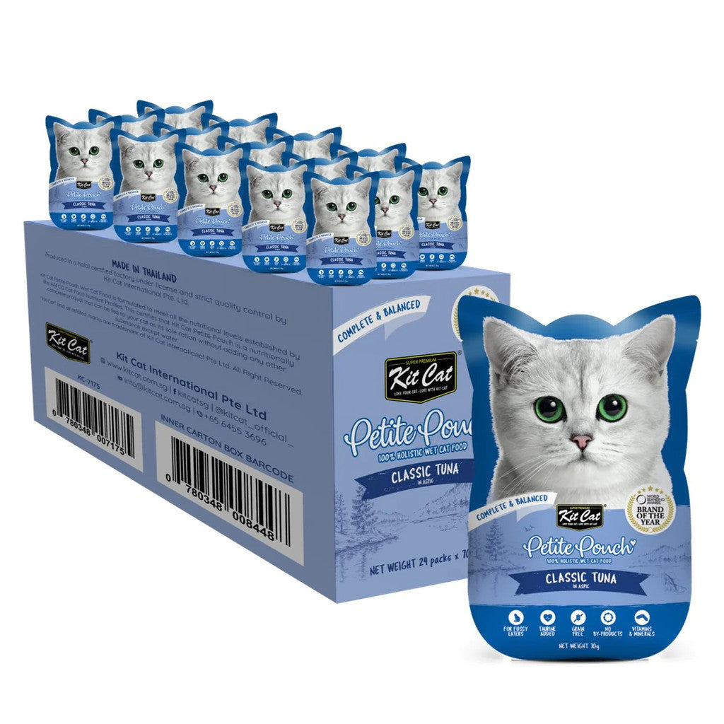 24 Pack Kit Cat Petite Pouch Grain-Free Wet Cat Food - 70g Pouch for Adult & Senior Cats - Perfect for Travel, Treats & Mealtime Variety