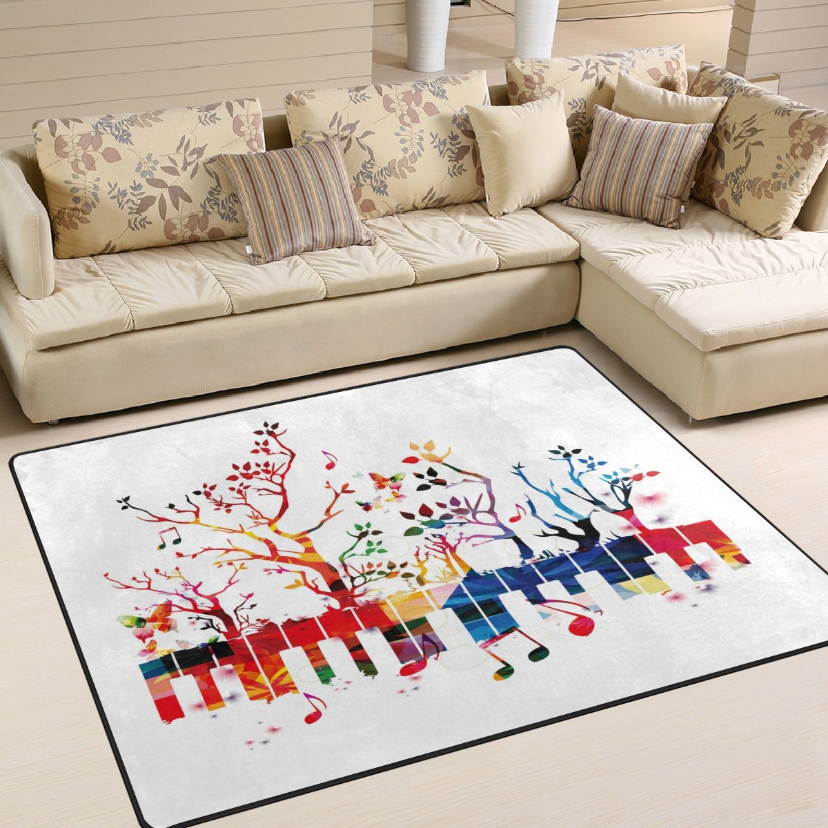 ALAZA Colorful Piano Keyboard Tree Music Note Butterfly Area Rug 7' x 5' - Soft Non-Slip Floor Mat for Living Room, Bedroom, Nursery, Music Studio & Kids Playroom - Perfect for Music Lovers & Home Decor