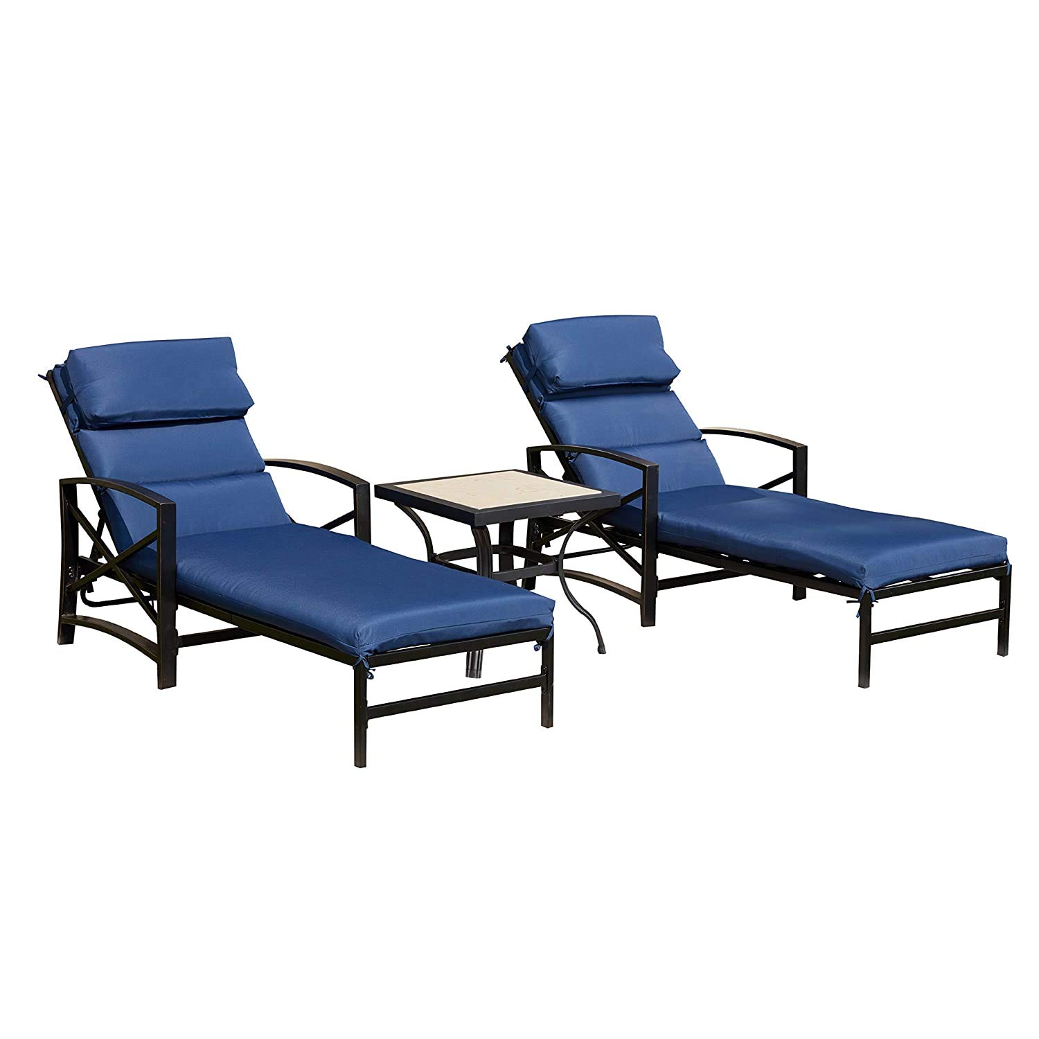 LOKATSE HOME Patio Chaise Lounge Chair Set with Side Table - Outdoor Metal Furniture for Poolside, Garden & Backyard - Weather-Resistant Blue Lounge Chairs