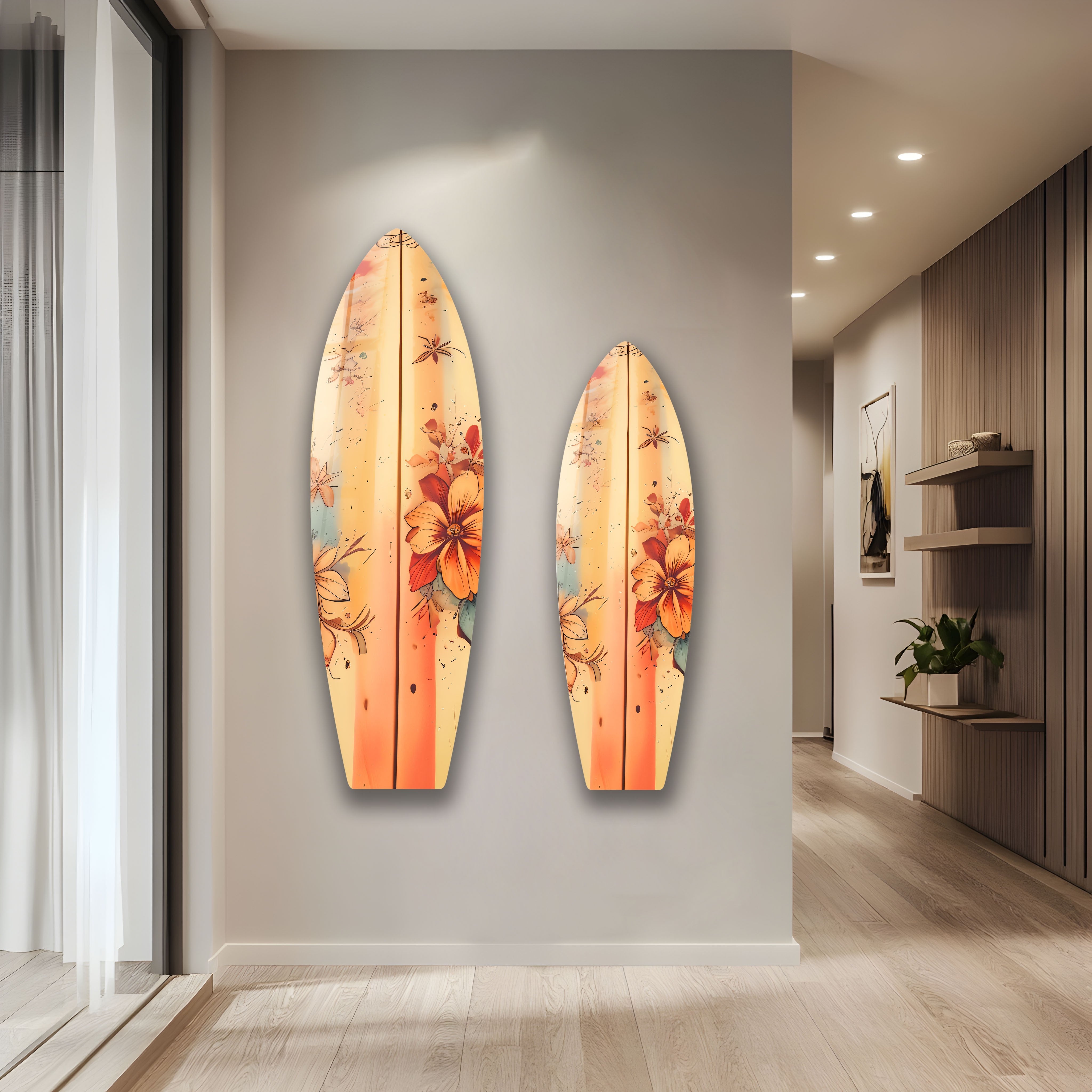 Beige Floral Surfboard Wall Art - Coastal Decor for Beach House, Living Room & Bedroom