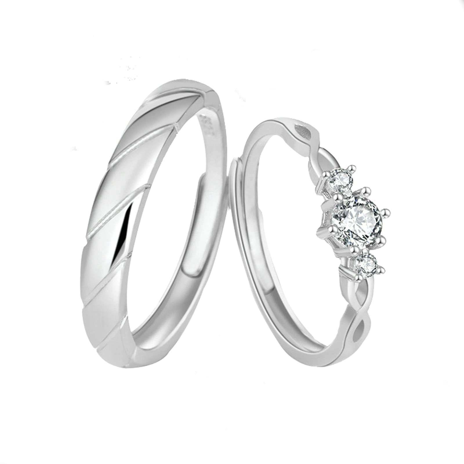 Sterling Silver Couple Wedding Rings Set - 9.25 Love Knot Cubic Zirconia Adjustable Promise Rings for Him & Her - Perfect for Anniversaries, Engagements and Romantic Gifts