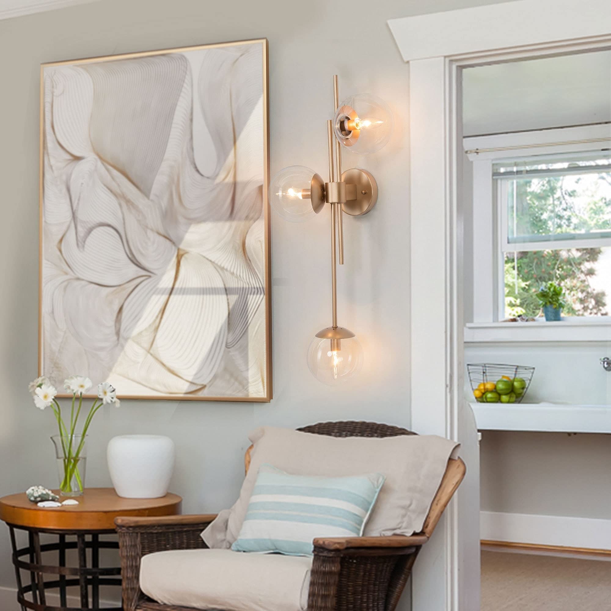 3-Light Modern Gold Bathroom Vanity Lights - Globe Clear Glass Wall Sconces - Mid-Century Contemporary Style (30.5