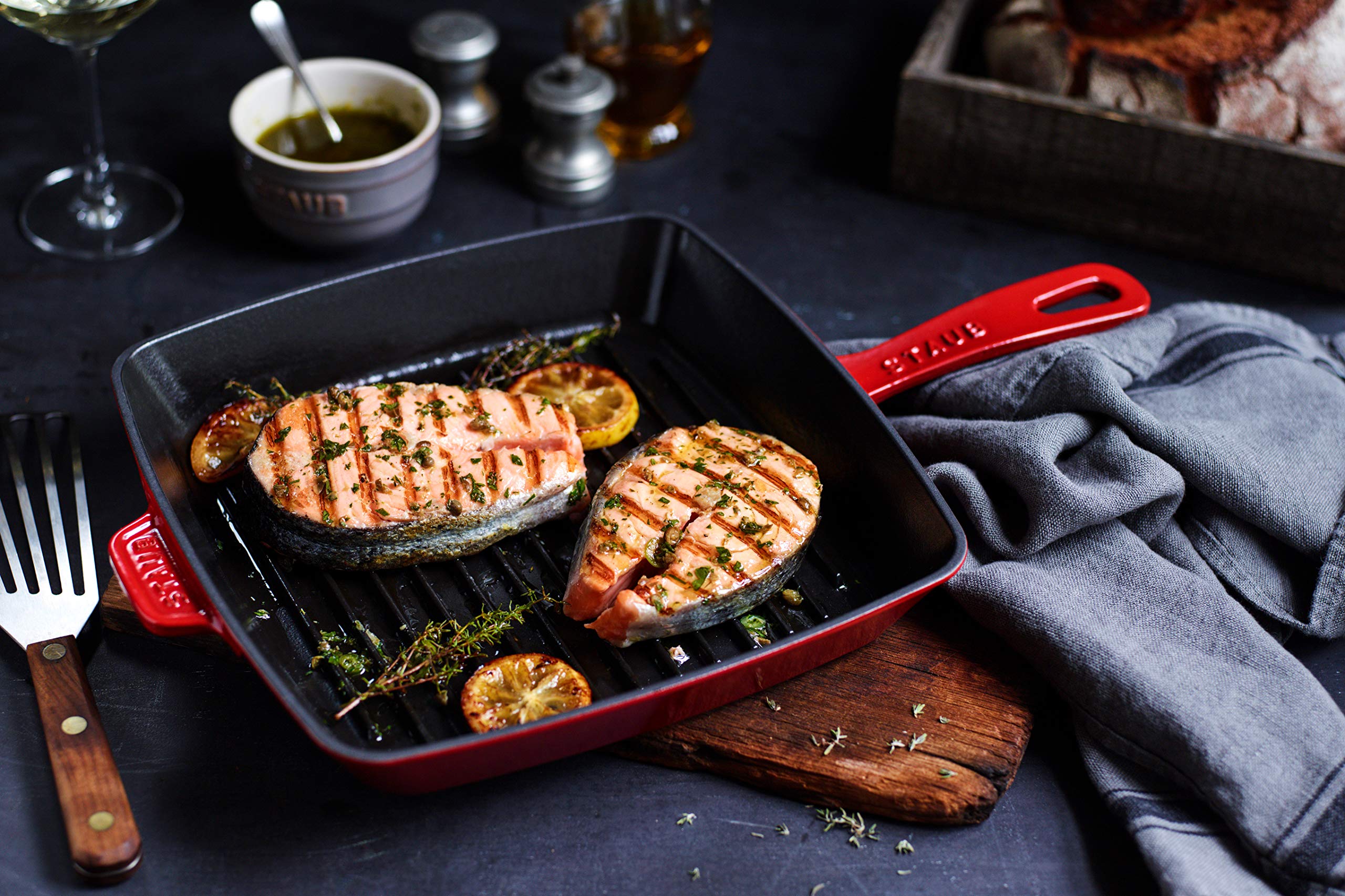 Staub 12-Inch Cast Iron Grill Pan - American Style, Cherry Red, Induction Cooktop Compatible - Perfect for Grilling Steaks, Burgers & Vegetables at Home