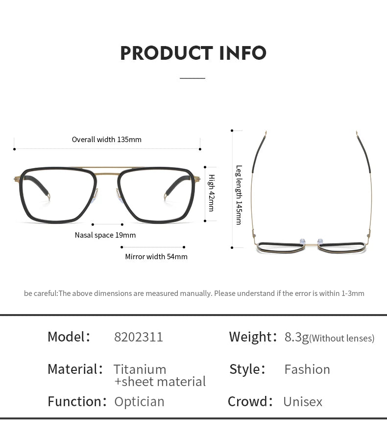 Aimee Unisex Full Rim Square Double Bridge Titanium Acetate Eyeglasses 8202 - Lightweight Durable Frame for Reading, Work & Fashion - Perfect for Office, School & Everyday Wear