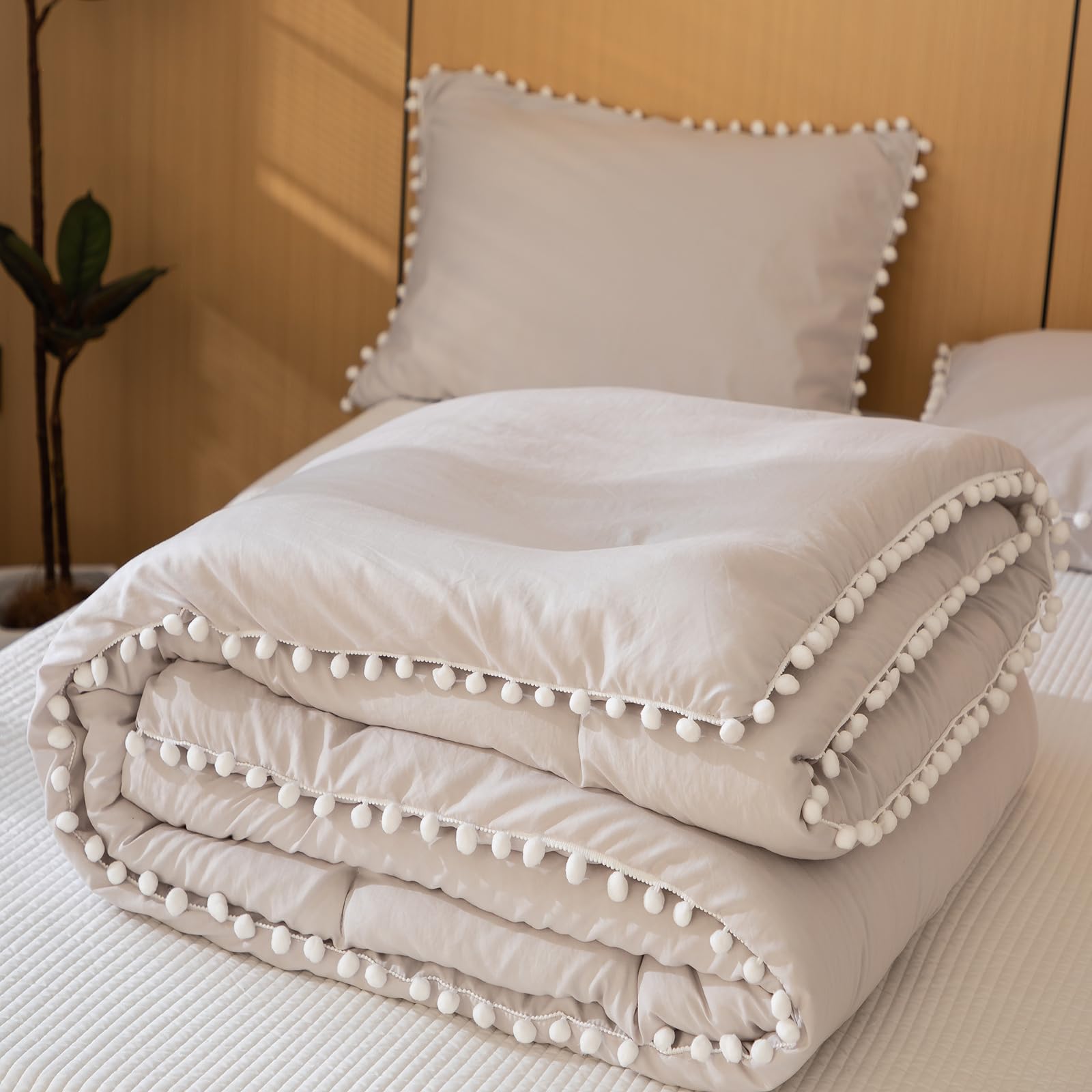 Boho King Comforter Set - Soft Beige Bedding with Pom Fringe for Farmhouse Style Bedrooms