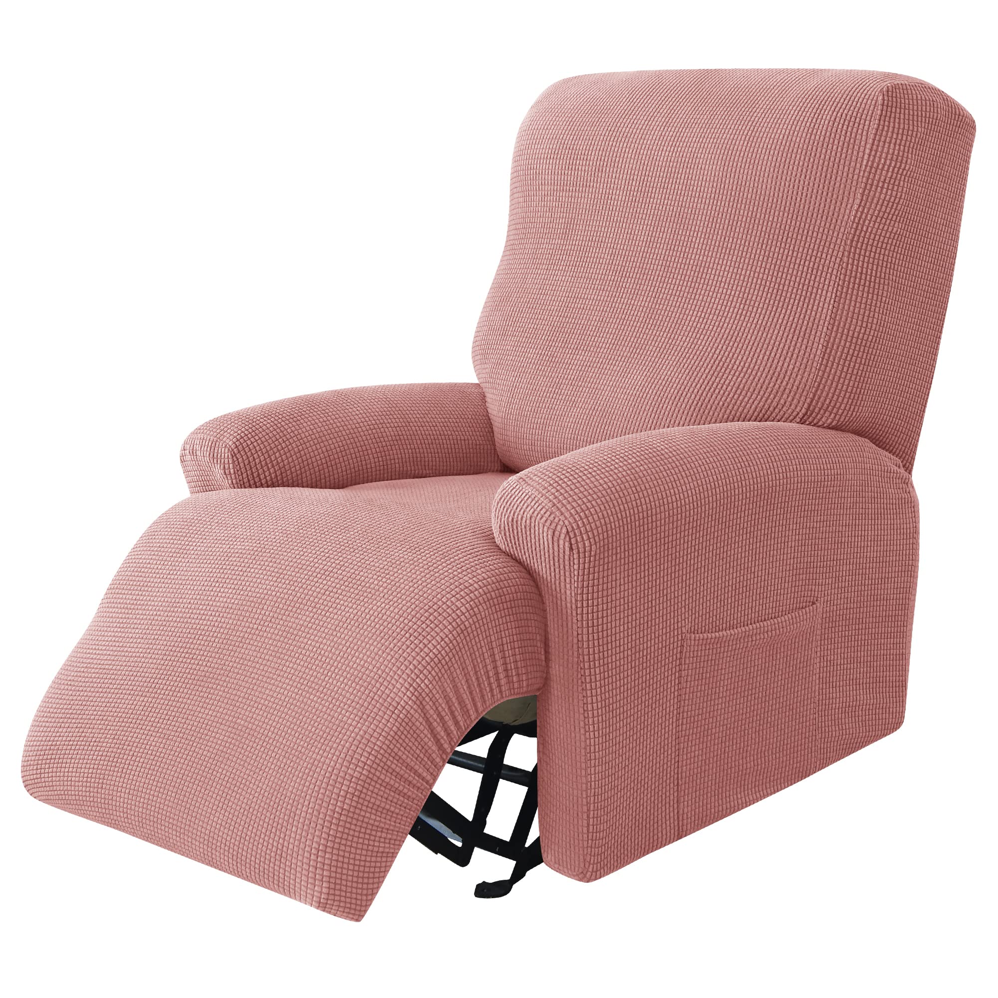 CONRUSER Stretch Recliner Cover - 4-Piece Thick Jacquard Sofa Slipcover for Single Seat Recliners, Soft & Durable Furniture Protector (Pink) - Perfect for Living Room, Home Theater & Office Use