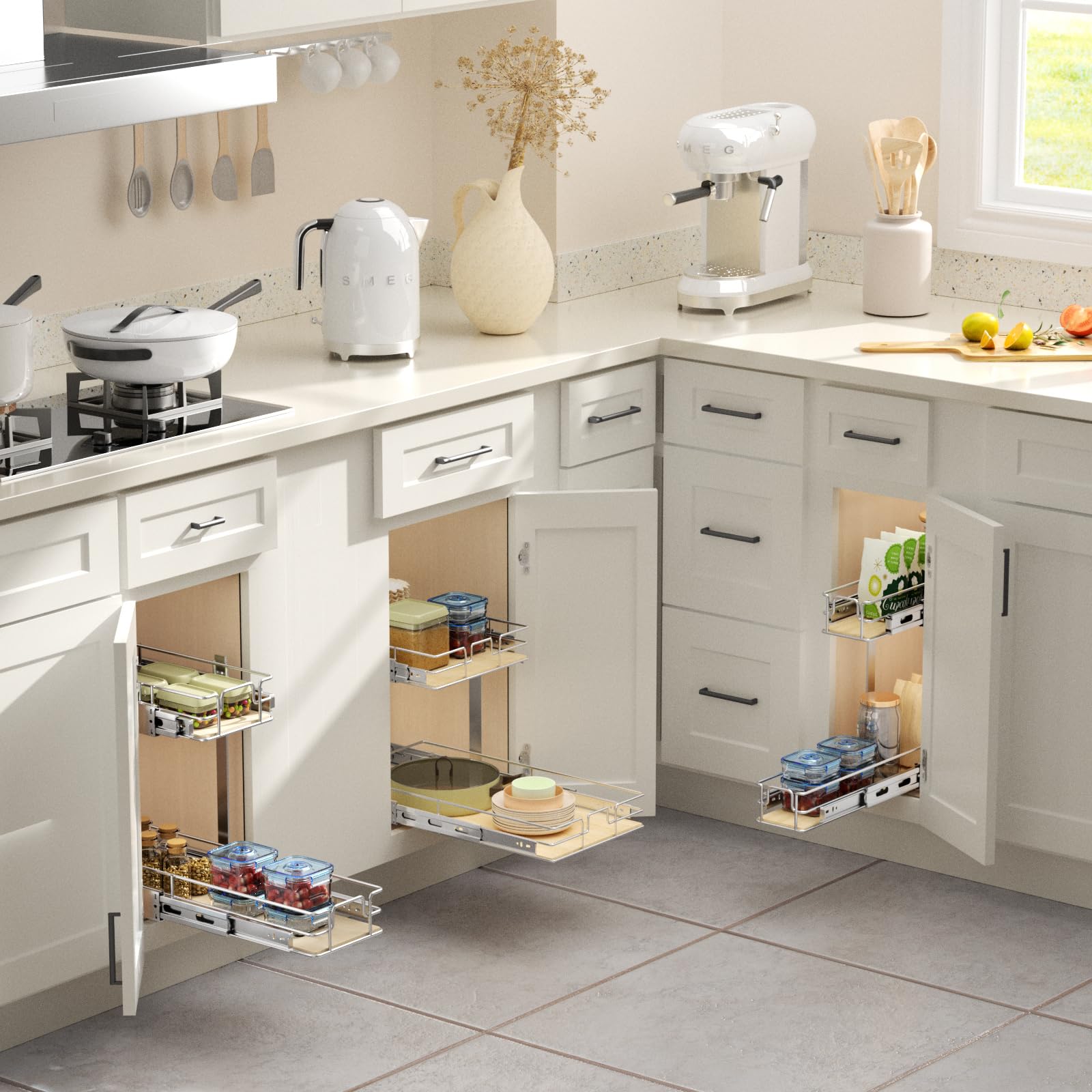 ROOMTEC 2-Tier Pull Out Cabinet Organizer - Wood Slide Out Shelves for Kitchen Storage (5.5