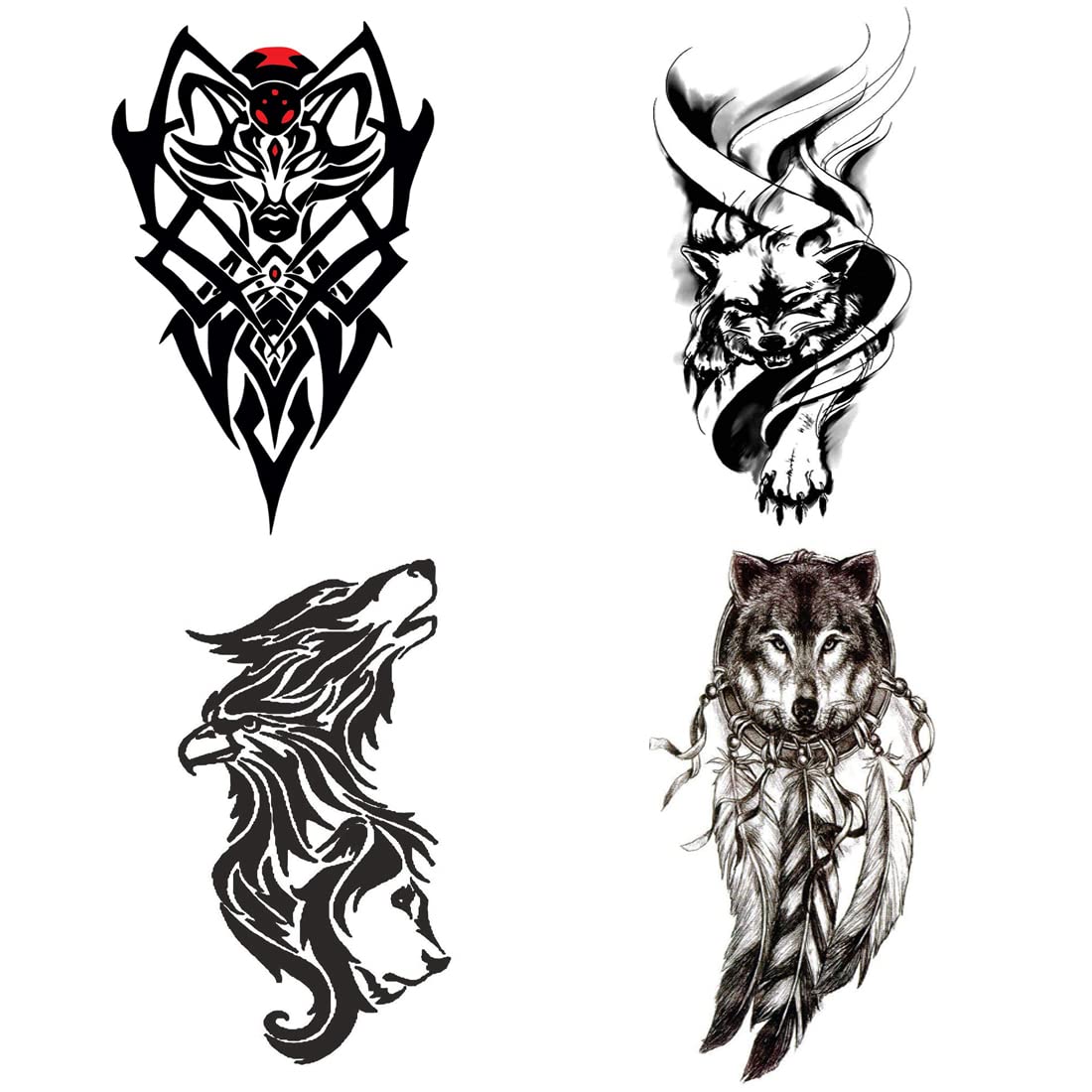 Wild Wolf Temporary Tattoos for Men & Women - Pack of 4 Realistic Tribal Design Body Art Stickers (2x4 Inch) - Perfect for Parties, Festivals & Costume Events